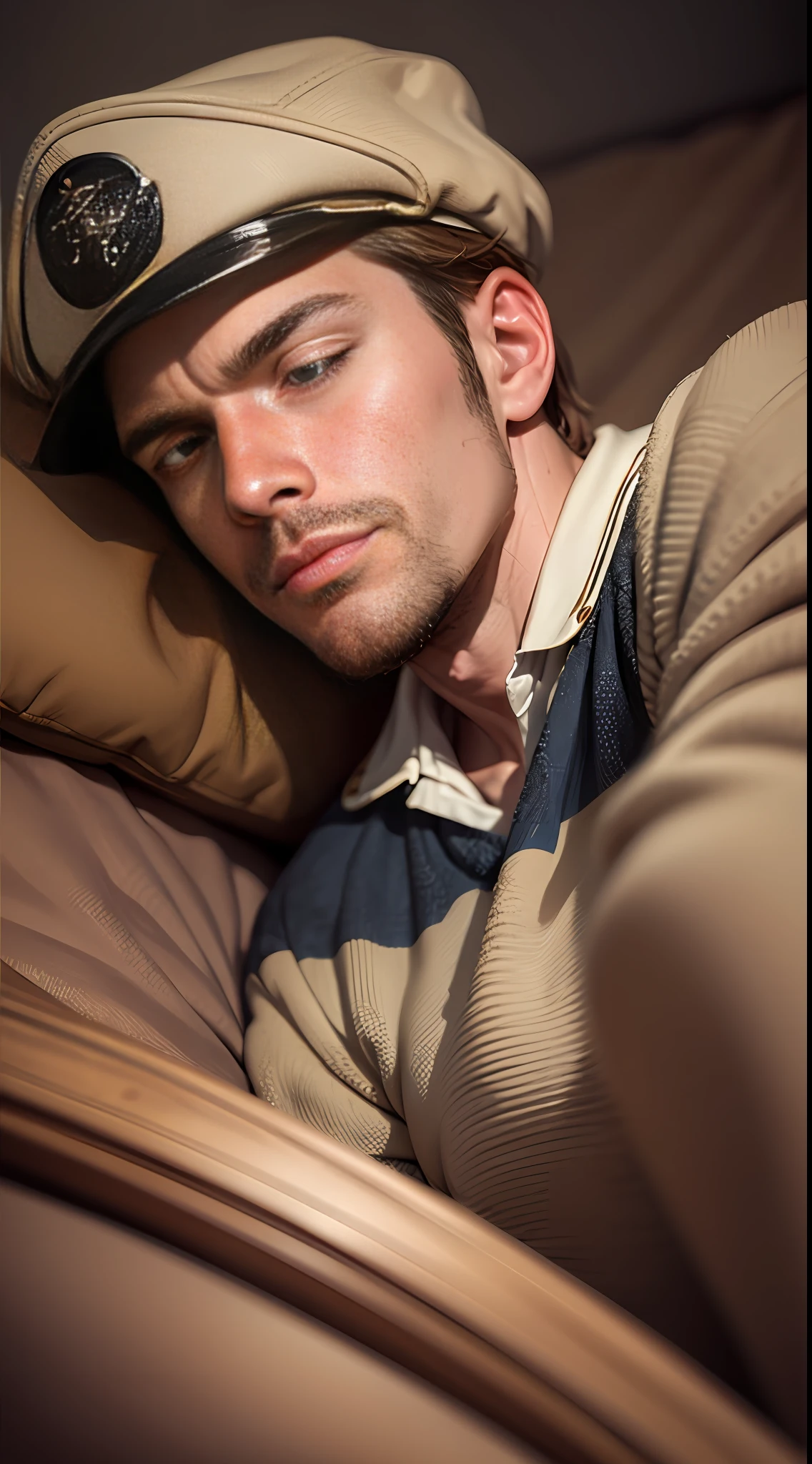 40 years old ship captain, cap, no beard, lying on ship cabin bed, wearing sleeping clothes, close up photo of him upper part, brown hair, cinematic lighting, UHD, masterpiece, textured skin, super detail, anatomically correct