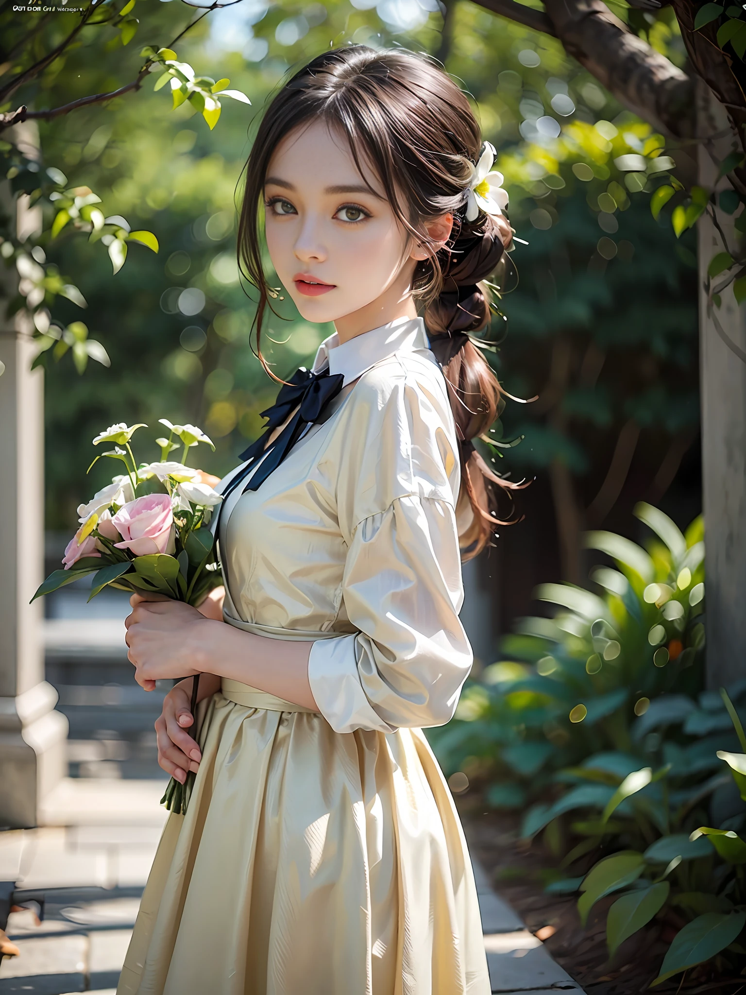 One woman with a faint smile、fullllbody、Silk White Socks、pumps、Standing in front of garden arch with flowers、(Photoreal:1.4)、(hyper realisitic:1.4)、(Realistic:1.3)、(Smooth lighting:1.05)、(Improved cinematic lighting quality:0.9)、(with a shallow depth of field)、1girl in、20 year old adult woman、Bright spring morning natural light、Back lighting、Facial Lights、ray-traced、(brightened light:1.2)、(Quality improvement:1.4)、(Realistic textured skin of the highest quality:1.4)、small tits、fine detailed eyes、detailed faces、a small face、Fine quality eye、Brown eyes、poneyTail、Braiding、Ribbons in the hair、Floral blouse with ruffles、bowtie、Green glass jar with water、The back of the background is white and blurry.