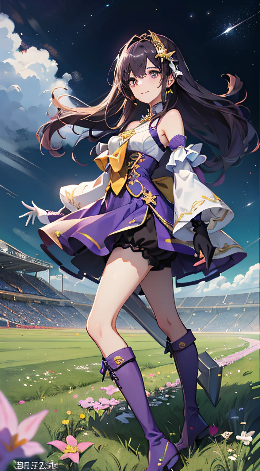 a masterpiece of，beste-Qualit，Narita Top Road，grass field，stadio，confeti，standingn，pearls of sweat，putting hand up，Overlooking，ear cover，star hair ornament，brooch，sleeveless dresses，purple dress，white bows，mismatched gloves，whitegloves，Black gloves，shoulder cutout，puffy long sleeves，Separate sleeves，Sheer sleeves，frilld，Dresses under shorts，upshorts，Purple shorts，thigh band，kneehigh boots，Purple footwear，Improve hand detail