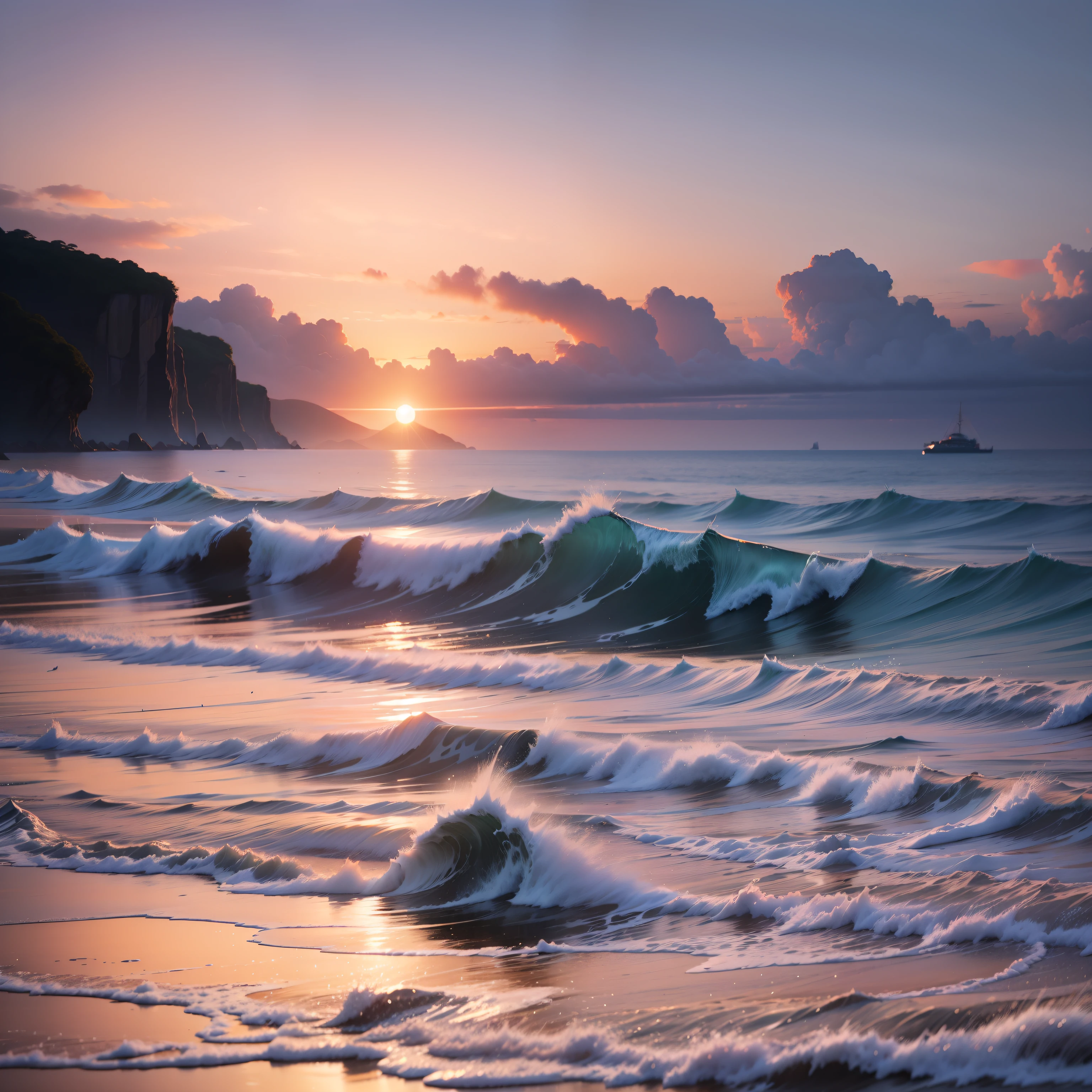 Paint a soft sunrise at sea level with a reef on the left