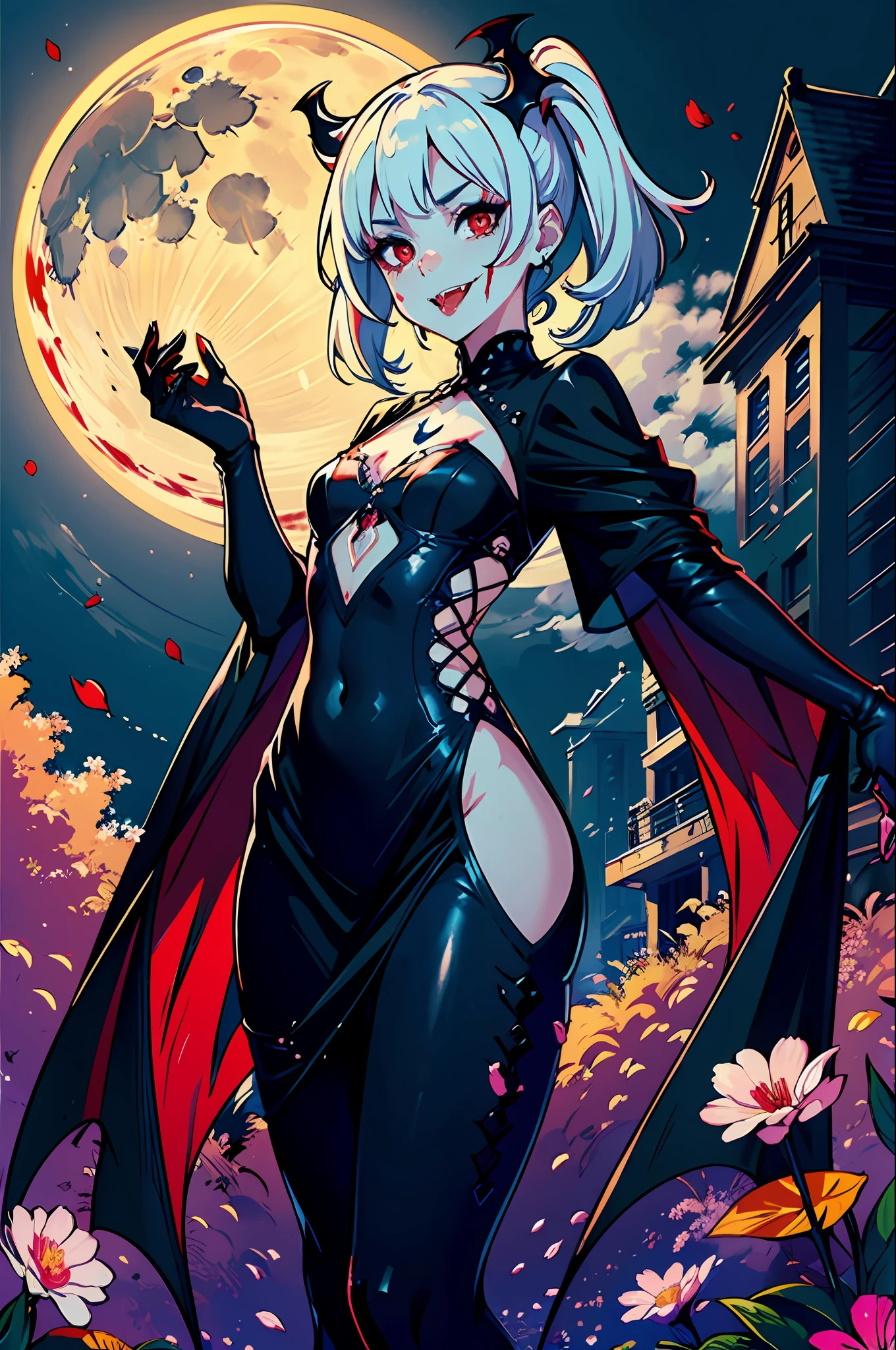 masterpiece, best quality,
1girl, (colorful),(finely detailed beautiful eyes and detailed face),cinematic lighting,bust shot,((young, petite, flat chest)),extremely detailed CG unity 8k wallpaper,white hair,red eyes,solo,smug smile,intricate skirt,((revealing outfit, sheer clothing, see-through clothing, cutout clothing, skintight)), ((vampire fangs, blood dripping from mouth, licking fingers)), ((flying petal)),(Flowery meadow)
sky, cloudy_sky, building, moonlight, moon, night, (dark theme:1.3), light, fantasy,