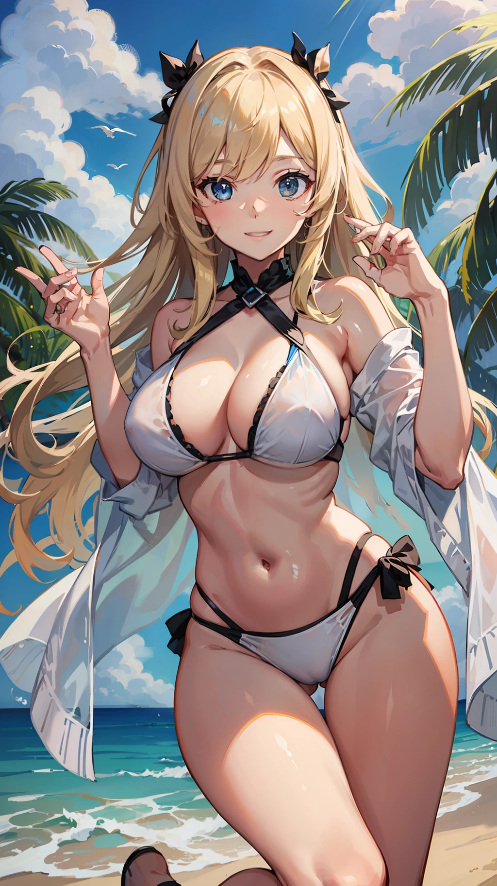 one woman,white swimwear,wariza,boobs,large breasts,short of a person,cute face,drooping eyes,big eyes,blue eyes,smiling,flushed cheeks,blonde hair,long hair,wave hair,from front,outdoor,daytime,beach,anime style,masterpiece, extremely fine and beautiful,illustration