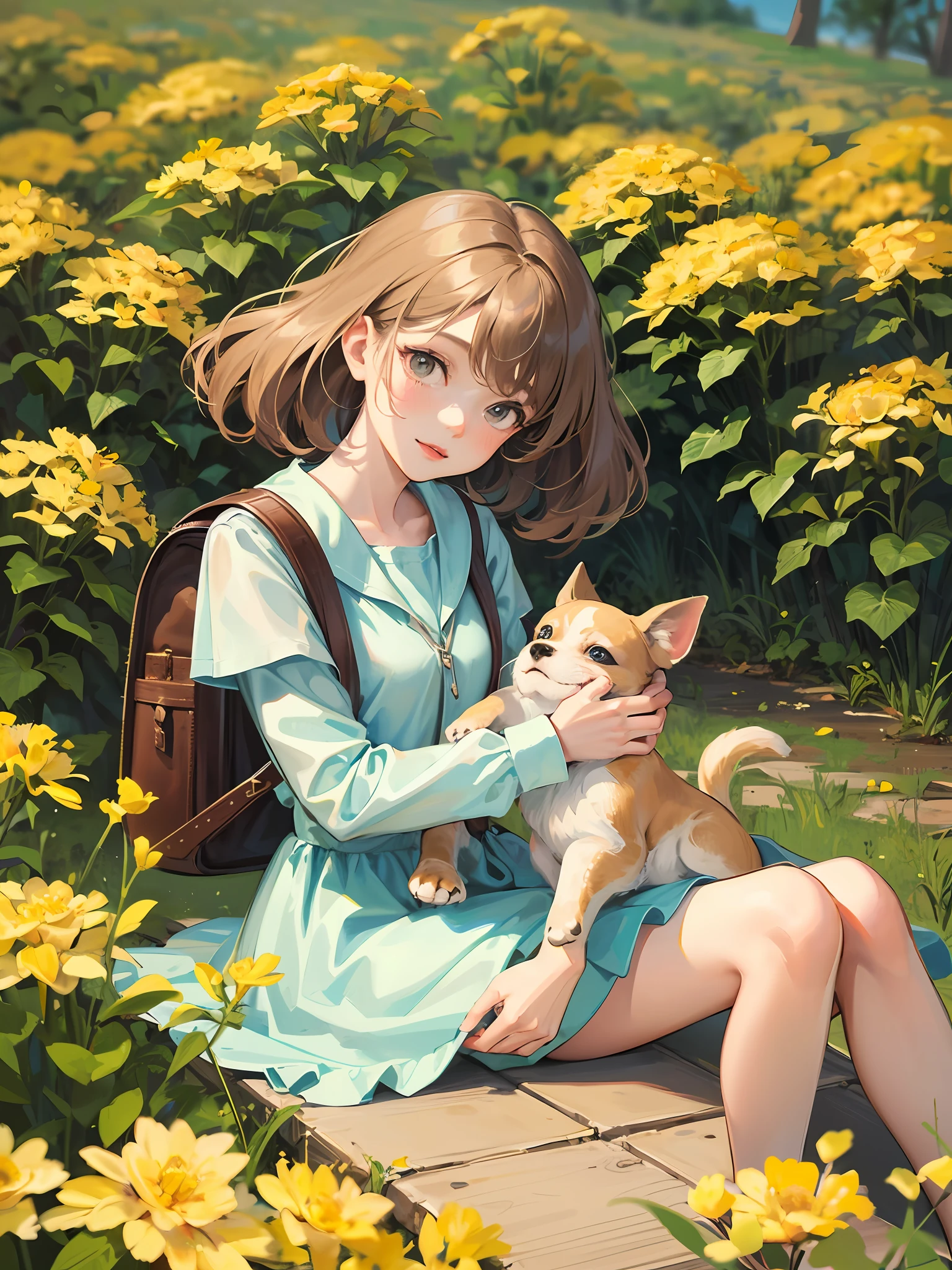 Tip: A very charming little girl with a backpack and her cute puppy enjoying a lovely spring outing surrounded by beautiful yellow flowers and nature. The illustration is a high-definition illustration in 4k resolution, featuring highly detailed facial features and cartoon-style visuals. --auto