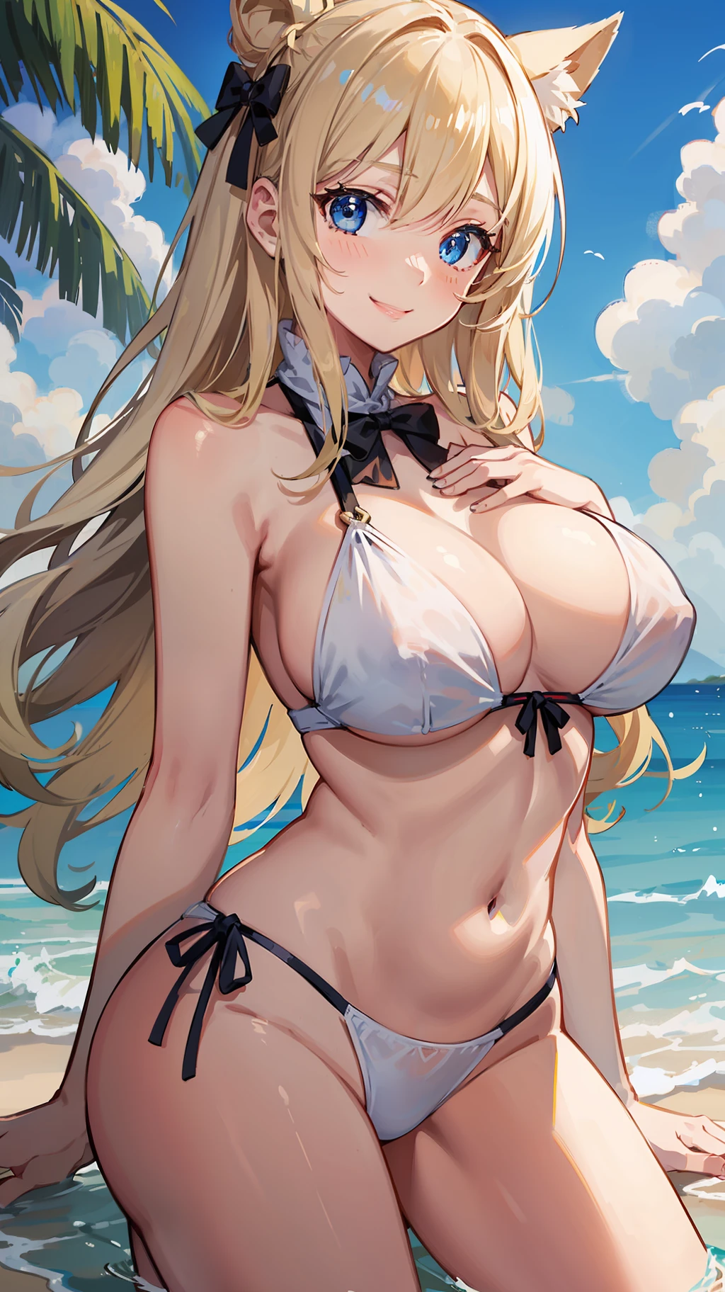 one woman,white swimwear,wariza,boobs,large breasts,short of a person,cute face,drooping eyes,big eyes,blue eyes,smiling,flushed cheeks,blonde hair,long hair,wave hair,from front,outdoor,daytime,beach,anime style,masterpiece, extremely fine and beautiful,illustration