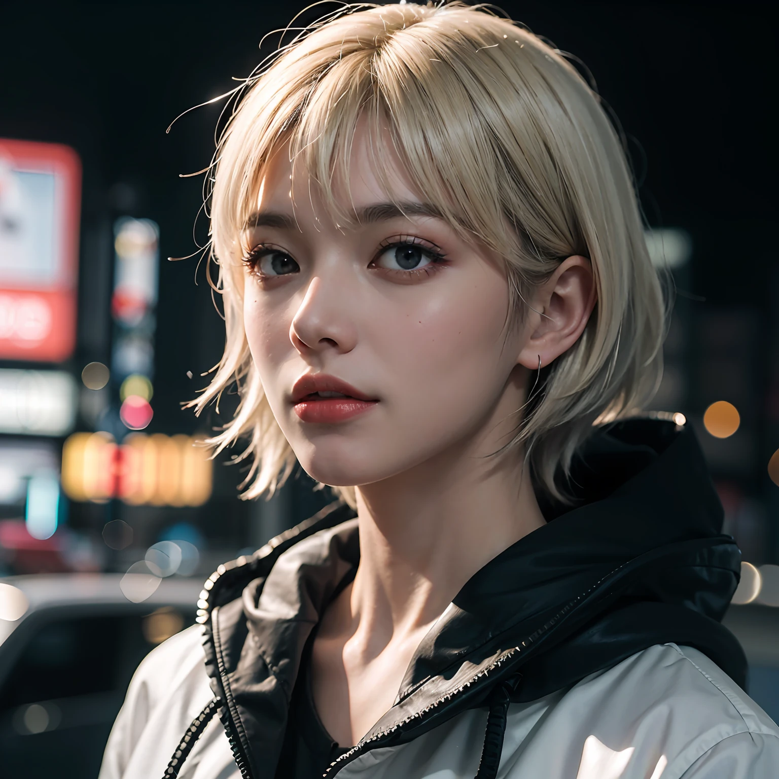 kk, best quality, more details, masterpiece, 1boy, kaneki ken, portrait, male focus, red eyes, solo, bangs, looking at the audience, hood, short hair, rain, tokyo tokyo \(city\), hood, nail polish, white hair, luxury, 8k, detail, ray tracing, depth of field, movie lighting,
