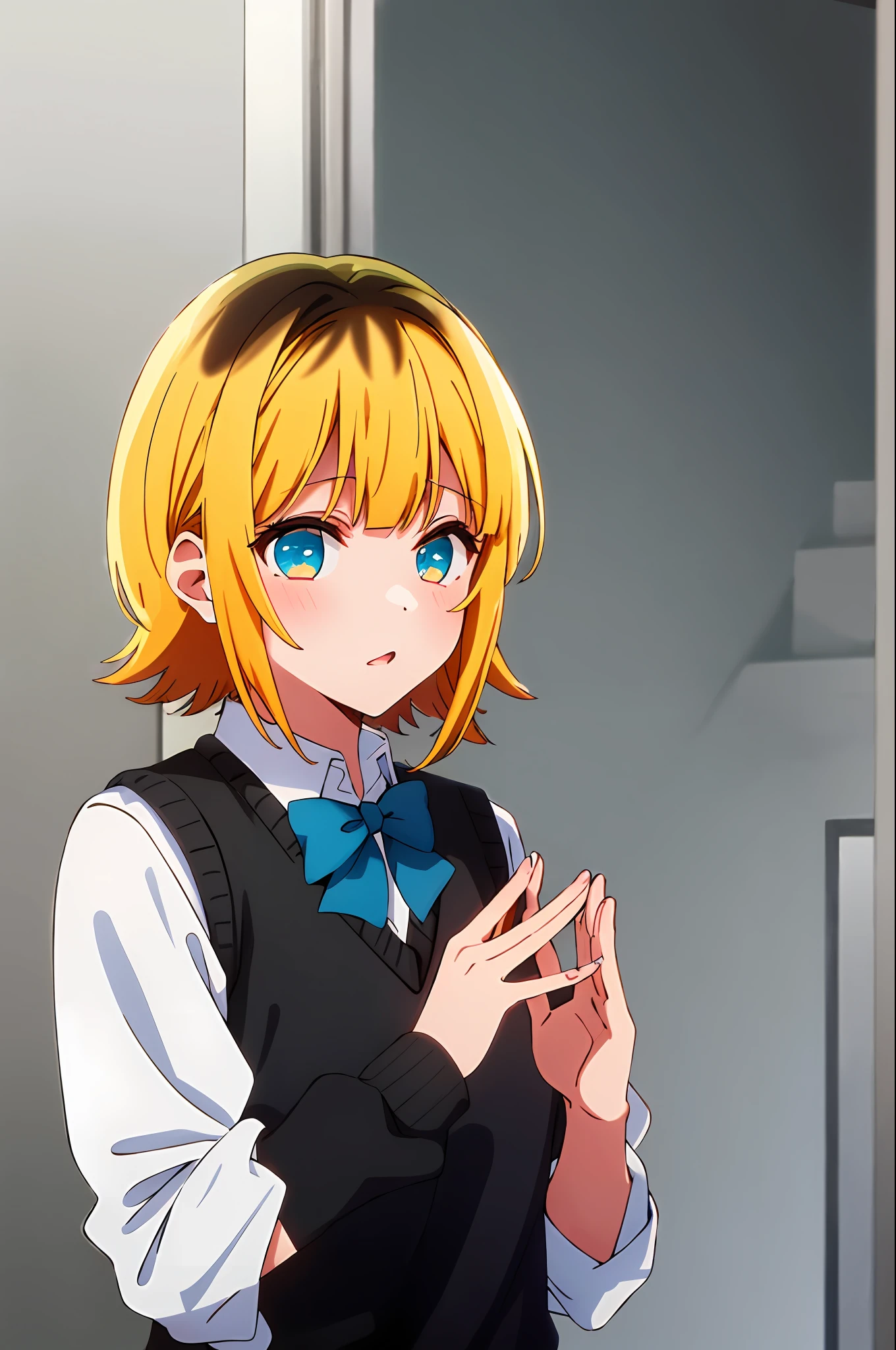 шедевр, hightquality, Hi-Res, MEMcho, 1girl in, 独奏, cow-boy shot, skirt by the, Brown skirt, Black vest, Sweater Vest, Black shirt, Blue bow tie、Upper body body
