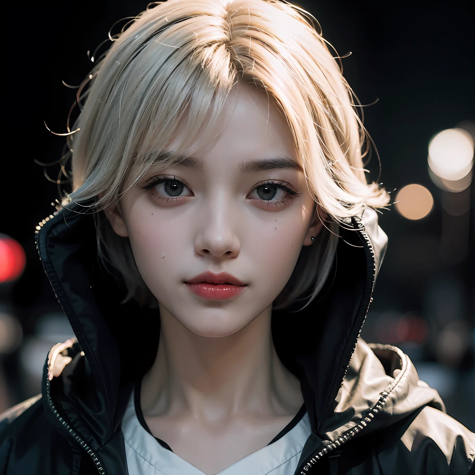 kk, best quality, more details, masterpiece, 1boy, kaneki ken, portrait, male focus, red eyes, solo, bangs, looking at the audience, hood, short hair, rain, tokyo tokyo \(city\), hood, nail polish, white hair, luxury, 8k, detail, ray tracing, depth of field, movie lighting,