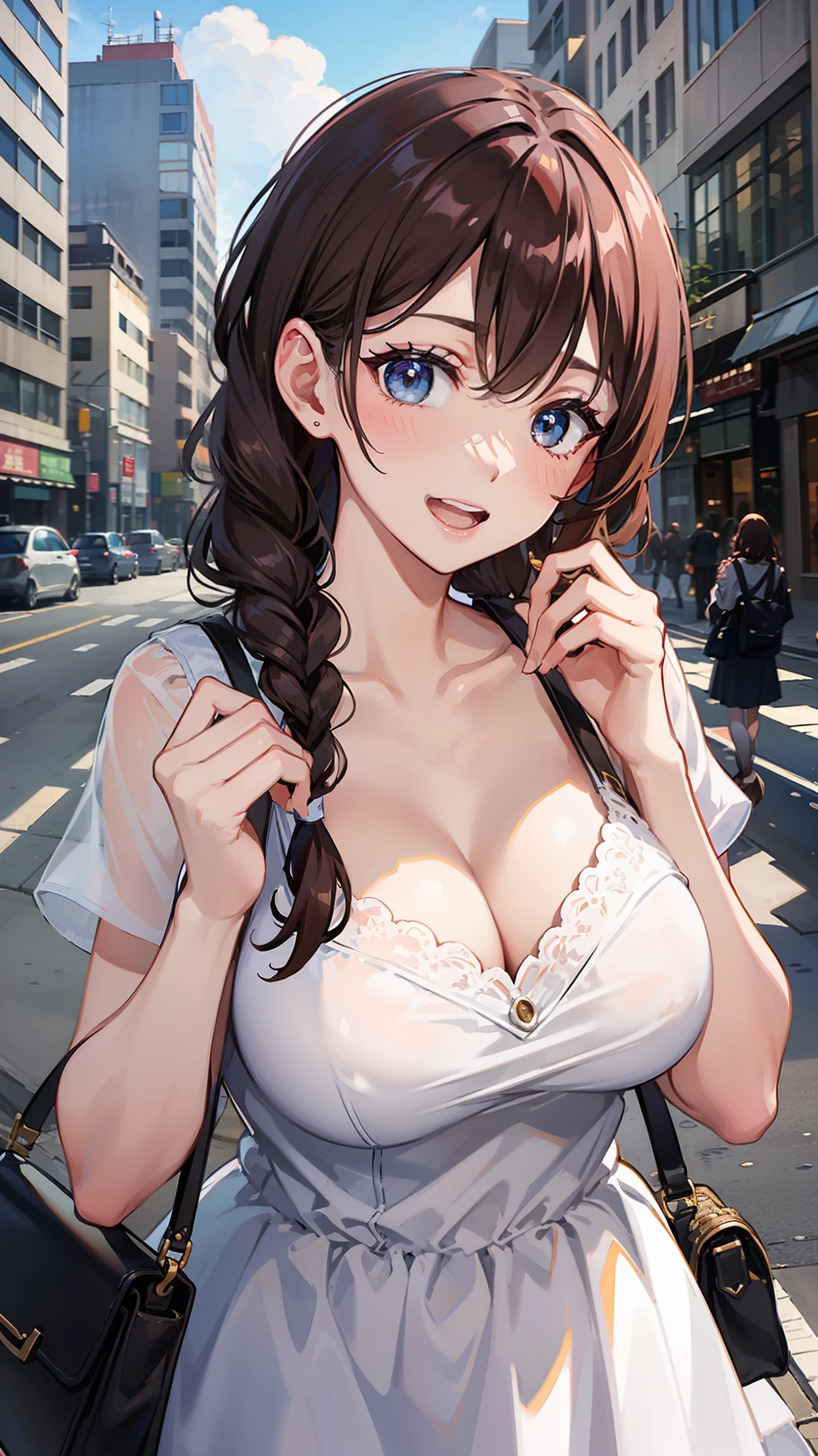 a woman in a white outfit standing on a street corner holding her phone, 1girl in, Woman in her 20s, Breasts, Cleavage, Outdoors, Big eyes, Solo, Smile, Brown hair, Large breasts, Dress, Sky, White dress, Bag, day, Braids, Open mouth, Bangs, Blue sky, blush, building, 鎖骨
