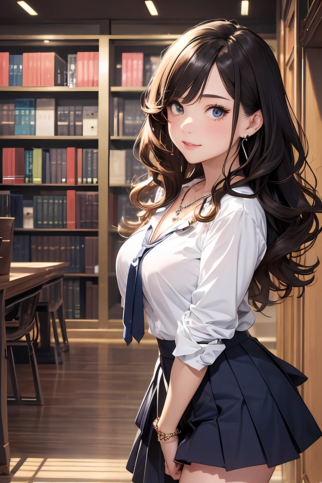 (Masterpiece: 1.3), (Maximum resolution: 1.2), (Ultra HDTV: 1.2), Cinema light, Ultra HDTV, (Detailed eyes and skin), (Detailed facial features), HDR, 8k resolution, Sharp Focus: 1.2, Perfect style, beautiful face, accurate, anatomically correct, highly detailed face and skin texture, detailed eyes, Dark-blue eyes, double eyelids, thin eyebrows, glitter eyeliner: 1.2, natural cheeks, glossy skin, fair skin: 1.2, shiny little necklace and earrings, (glossy lips: 1.4), BREAK, first-person-view, (she is high school student), (Wearing a Button up shirt, pleated mini skirt, Navy tie, high socks), (seductive smile: 1.2), (Looking at me), ((Innocent and Cute girl:1.3)), (layered Hairstyle, wavy hair), (Light-brown hair:1.2), medium long hair, (Full body shot: 1.2), focus on face, ((Very intimate relationships: 1.2)), medium large breasts, ((Seduction poses:1.2)), ((In An empty library)), from the side,