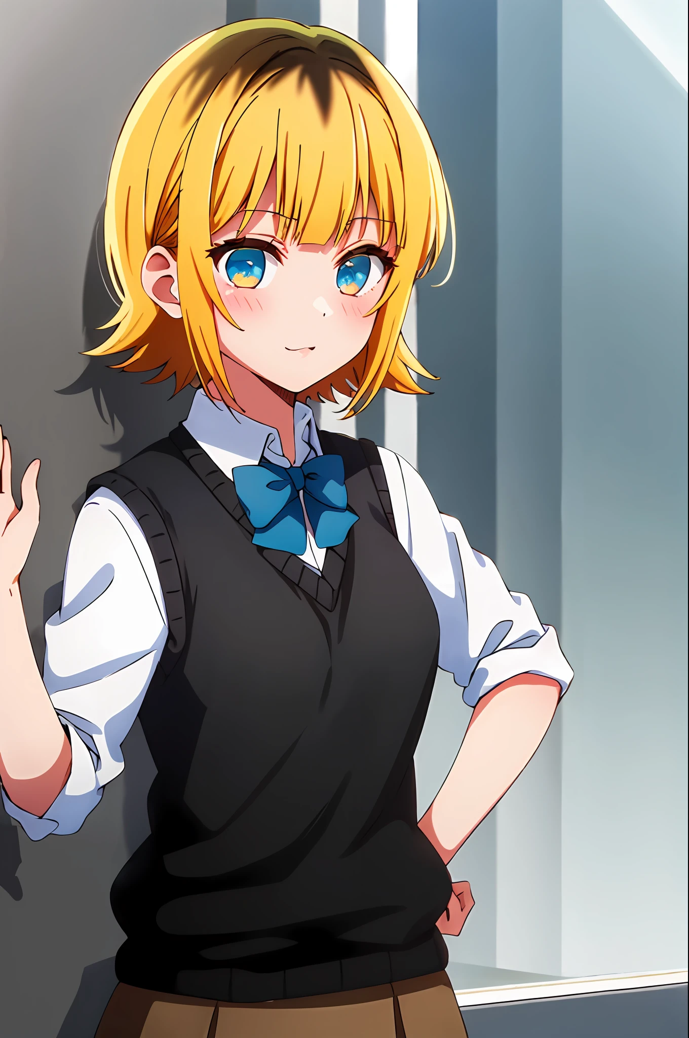 шедевр, hightquality, Hi-Res, MEMcho, 1girl in, 独奏, cow-boy shot, skirt by the, Brown skirt, Black vest, Sweater Vest, Black shirt, Blue bow tie、Upper body body