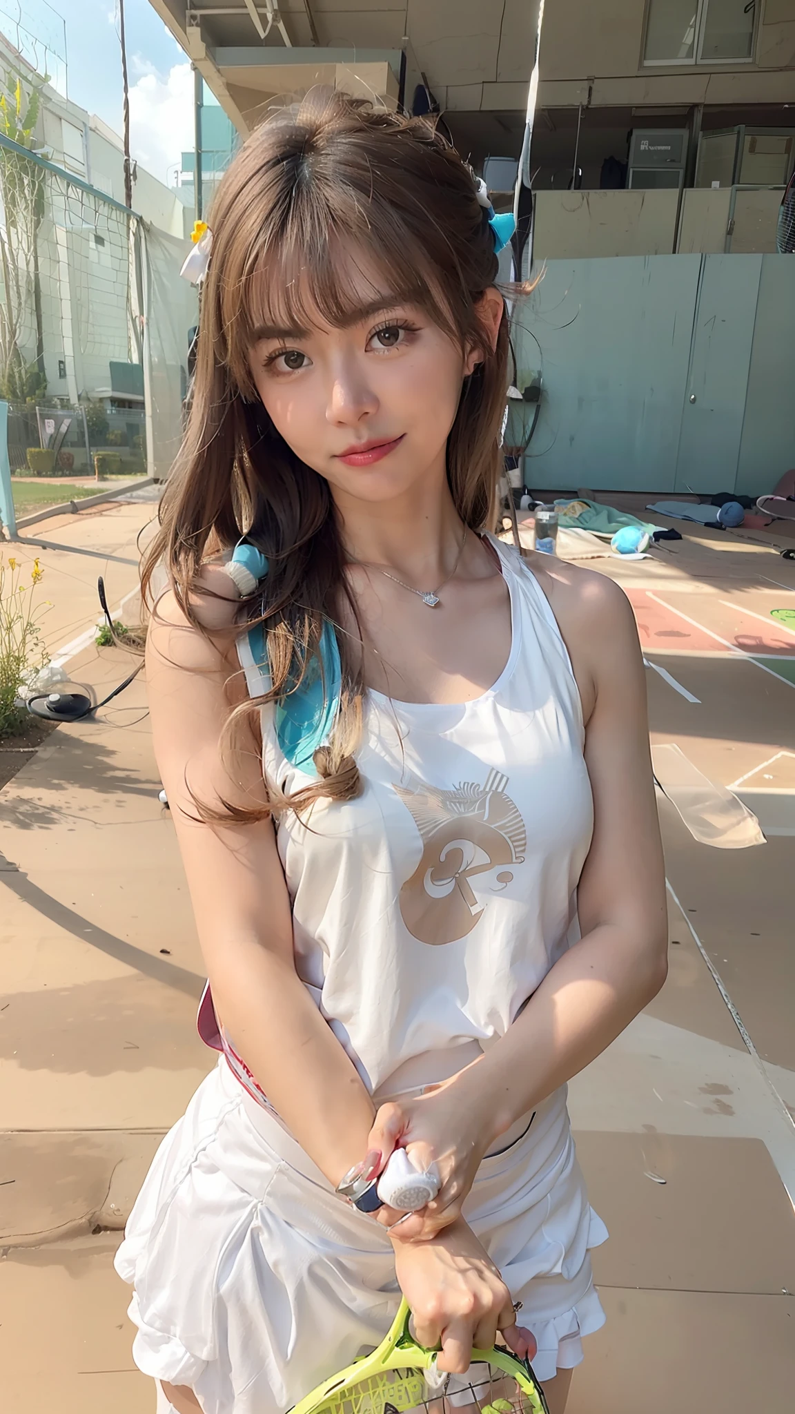 araffe woman in white dress holding a tennis racket on a court, 奈良美智, chiho, cute sportswear, cottagecore!! fitness body, tzuyu from twice, ulzzangs, Tennis Wear, Shiori Teshirogi, sakimichan, Realistic Young Gravure Idol,A fully naked