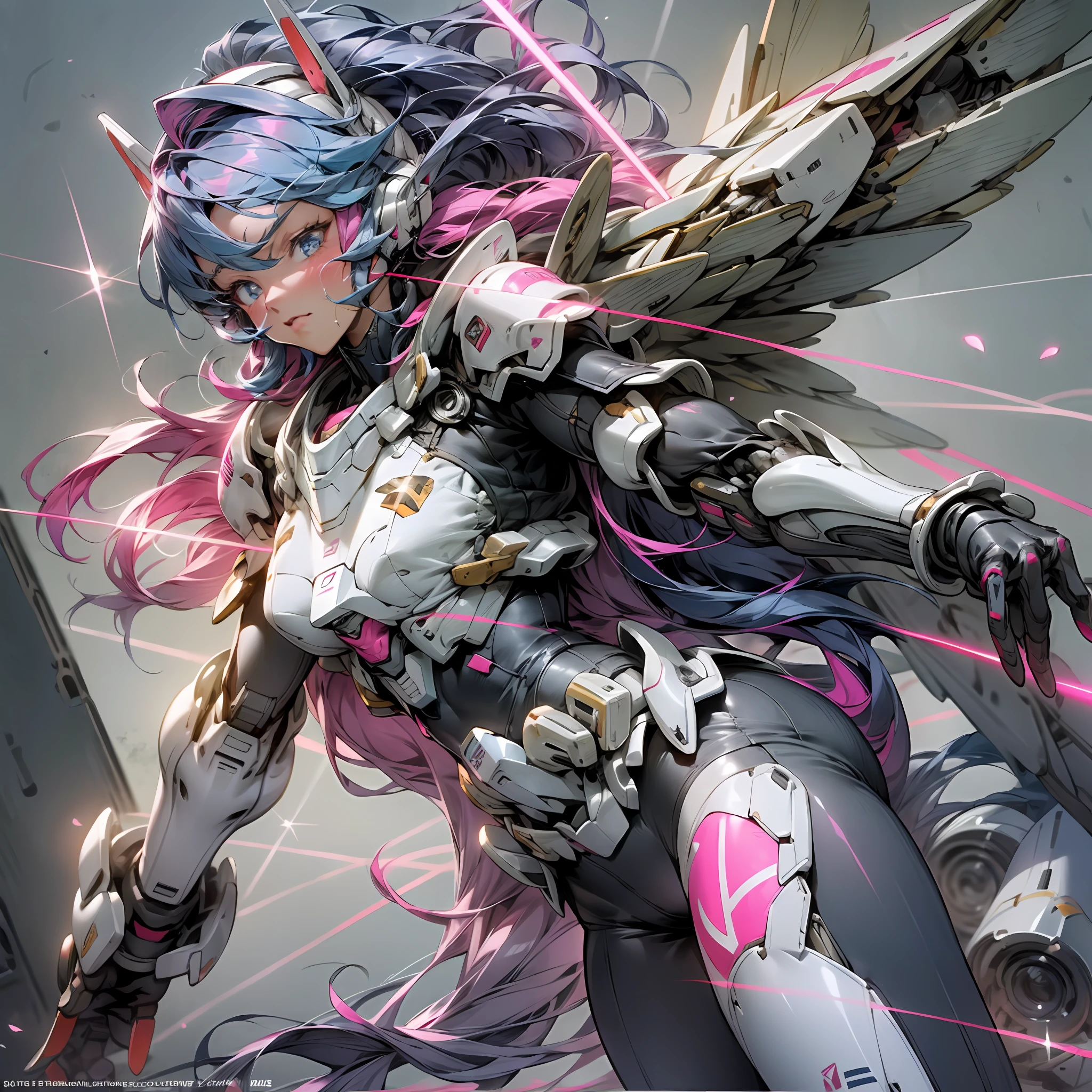 A Gundam of a robot flying through the air,cool mecha style, Fira pink white mech,girl in mecha cyber armor, Impressive face,Super cute girl,mecha asthetic, modern mecha anime, anime robotic mixed with organic,Suspended wing,Pink wing,Laser wing,Black tights,facial closeup,exquisit facial detail,oras,skyward,sea surface,Alloy texture,diamonds,The light beam,Particle,High detail in light and shadow,future warrior,Exquisite body details,Best Tech Poster,Best 4k anime wallpapers,Reasonable body structure,Side Body,Pink Long Hair,Reasonable body structure,Armed with a huge lightsaber weapon,White hilt,Pink laser,Cool weapon