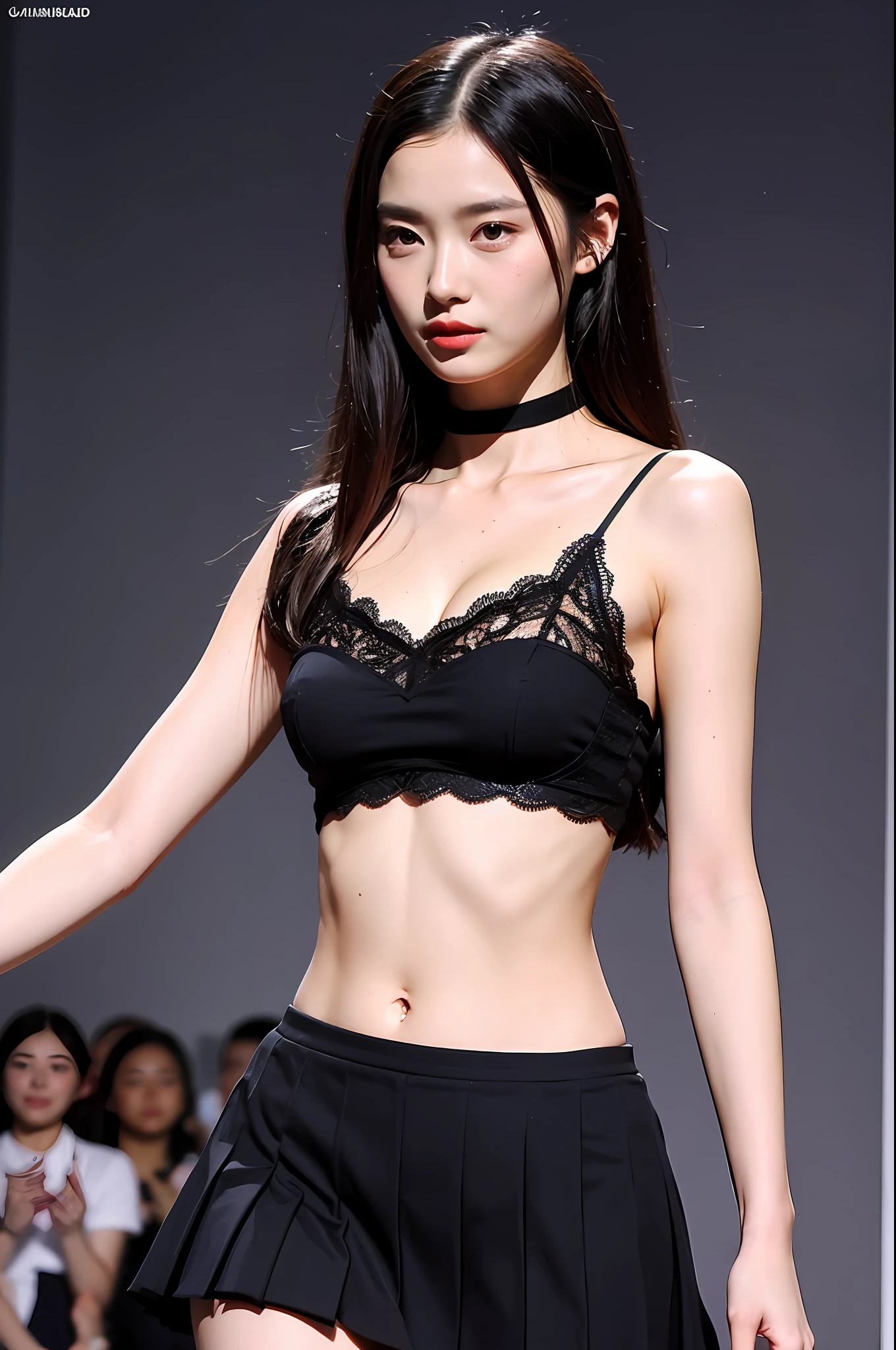 (Highly detailed body,Highly detailed face,the best quality:1.2) ,a woman with,Look at viewers,(Black bandeau,a black pleated skirt,Black lace collar)(Big breasted 1.2),(Background catwalk show:1.4)