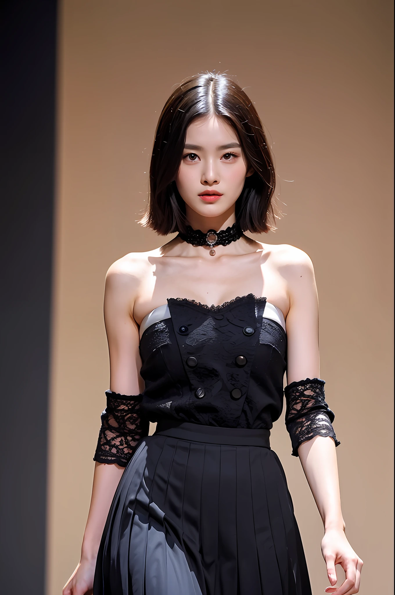 （Highly detailed body，Highly detailed face，the best quality：1.2） ，a woman with，Look at viewers，（Black bandeau，a black pleated skirt，Black lace collar）(Big breasted 1.2)，（Background catwalk show：1.4）