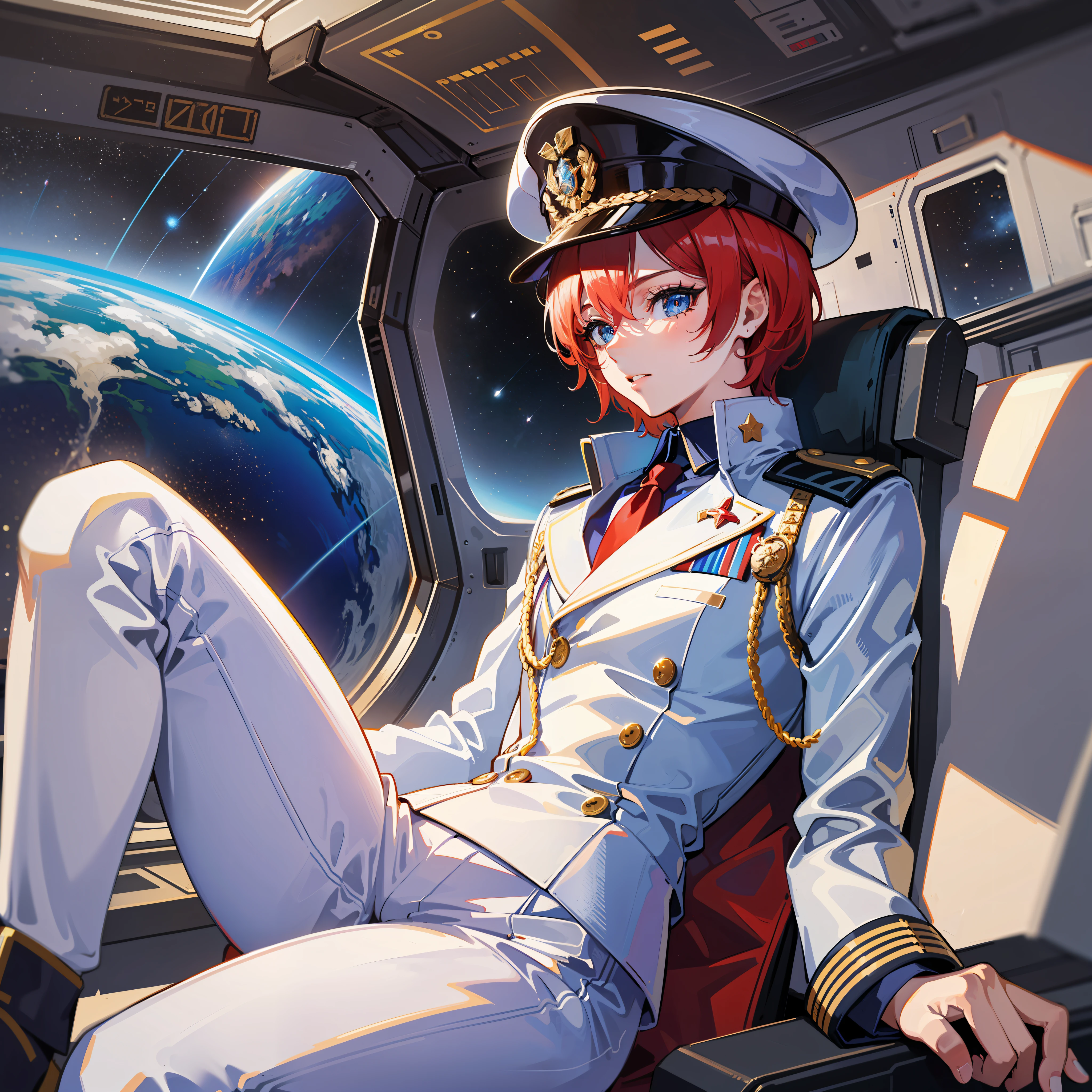 ((Masterpiece)), ((Highest Image Quality)), ((Best Quality)), (Illustration of One Girl), Full Body, 25 Years Old, Short Red Hair, (Thin Hair on Both Sides of Face), Blue Eyes, (((Tall)), ((Muscular Strong Body)), ((Manspreading)), Open Legs, (((Military Uniform)), (Military Hat)), (Military Coat)), (White Clothes), (White Pants), (White Hat), Trench Coat, ((Inside the spaceship, sitting in the captain's seat)), (outside the window, space, Earth seen from space, spaceport)