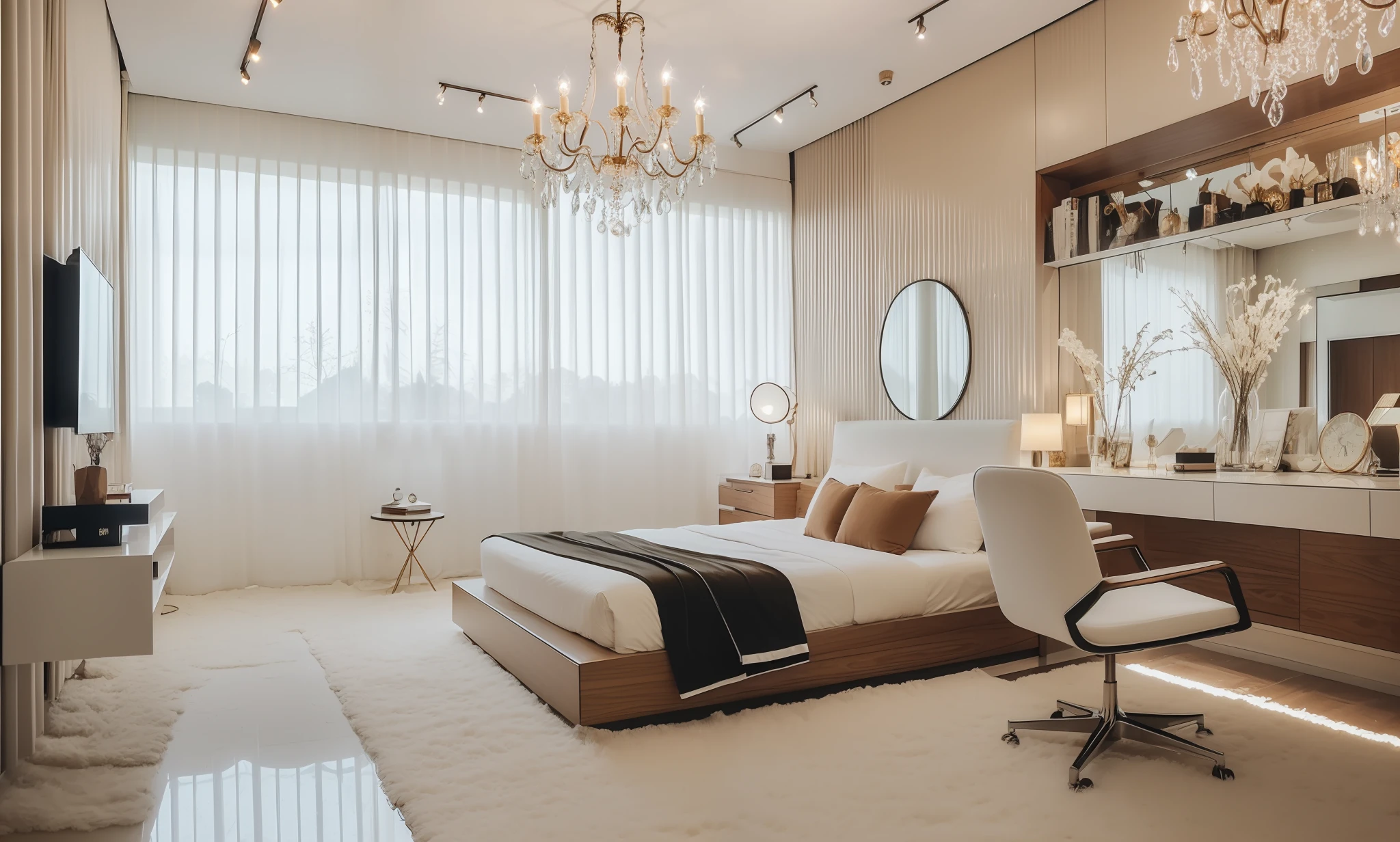 (spectacular landscape:1.1), best quality, super detail,(best quality:1.2, super detail:1.1, inspirational landscape:1.1), best quality, prime detail, super detailed, ((best lighting, modern bedroom :1.2,with white curtains, vintage chandelier, remove carpet, wall side by side the bed(transparent glass window:solid brick:0.7), brown floor