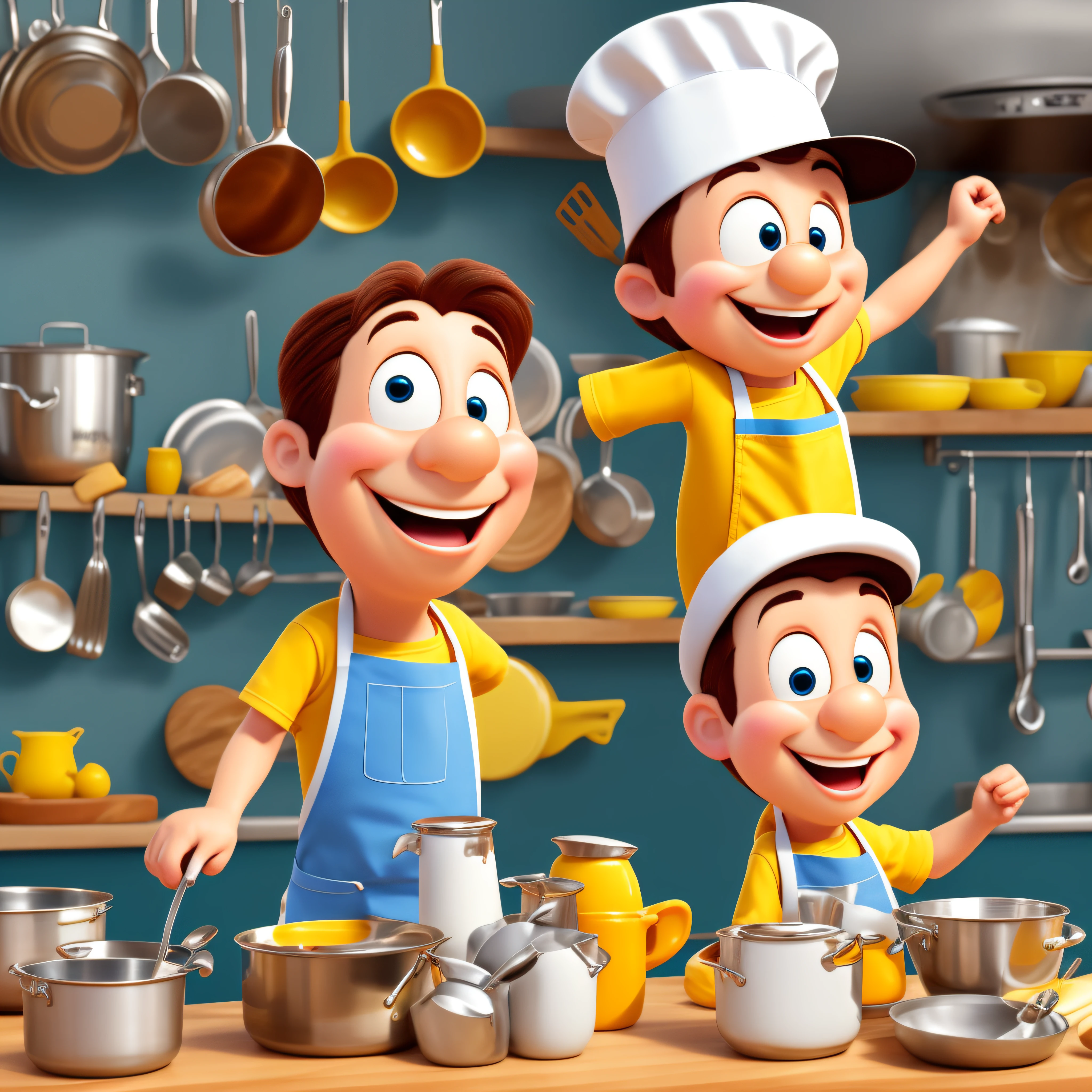 The Disney Pixar-style cartoon cook is an energetic and enthusiastic character, with a round, fat body and a big smile on his face. He wears a tall, white chef hat and a bright red apron. The kitchen around him is a chaotic mess, with pots and pans stacked high on the counters and dishes piled up in the sink. He has a chubby face in his 50's. Only one character --auto