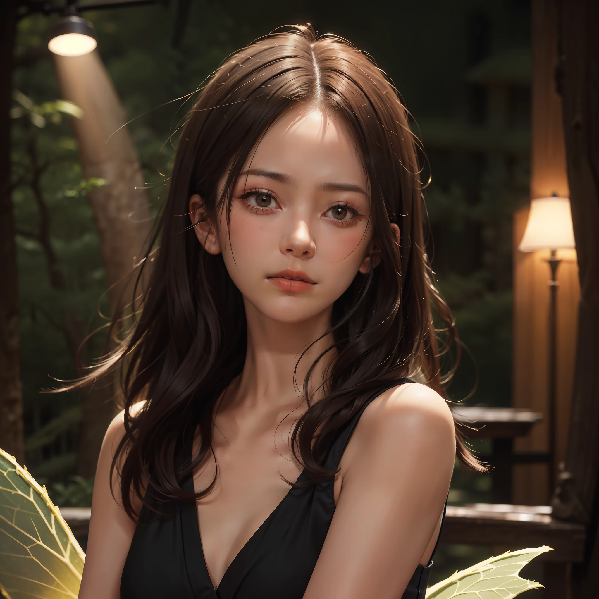 (film photo:1.3) nin (Realistic:1.3) Portrait of a village 25-year-old European woman,the night,Dark fairy beautiful dense autumn forest,background inside dark,16k,low-angle,24mm lens,(((Sharp focus:1.5) )), (((Depth of sharpness:1.5))), (fidelity:1.5), (skin textures:1), cinematic colorgrade, ultra detali, highly detaile