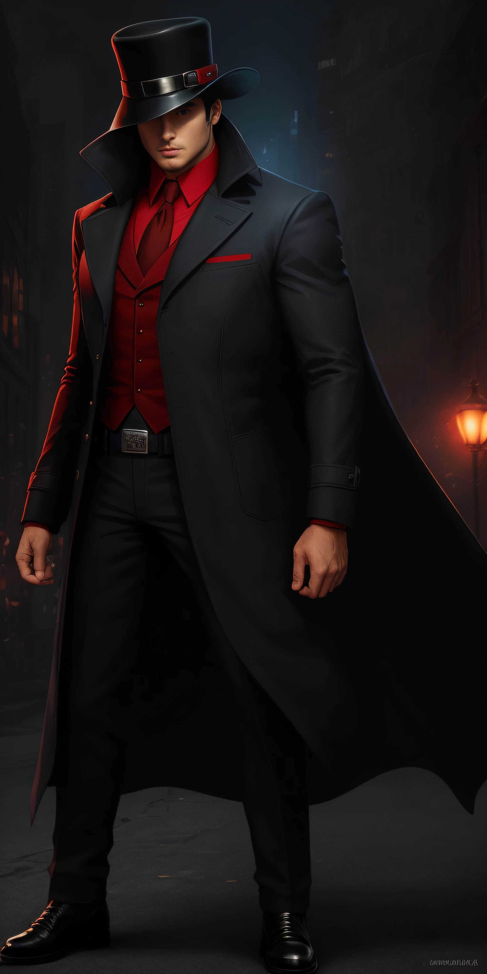 Retro comic book art The Steel Detective wears a distinctive uniform that combines classic detective elements with the hardness of steel. Seu uniforme consiste em: Camisa Vermelha: The red shirt is the highlight of his dress, symbolizing your courage and determination. Overcoat and Detective Hat: He wears an elegant overcoat and detective hat, adding a touch of mystery to your look. The overcoat is dark in color to facilitate camouflage during your investigations. Luvas e Botas: Steel Detective usa luvas e botas resistentes, providing additional protection and helping you deal with physical obstacles. Eye Mask: He wears a mask that covers his eyes, helping to protect your identity and adding an element of mystery to your look. pants: The pants are practical and resistant, allowing him to move freely during his missions.