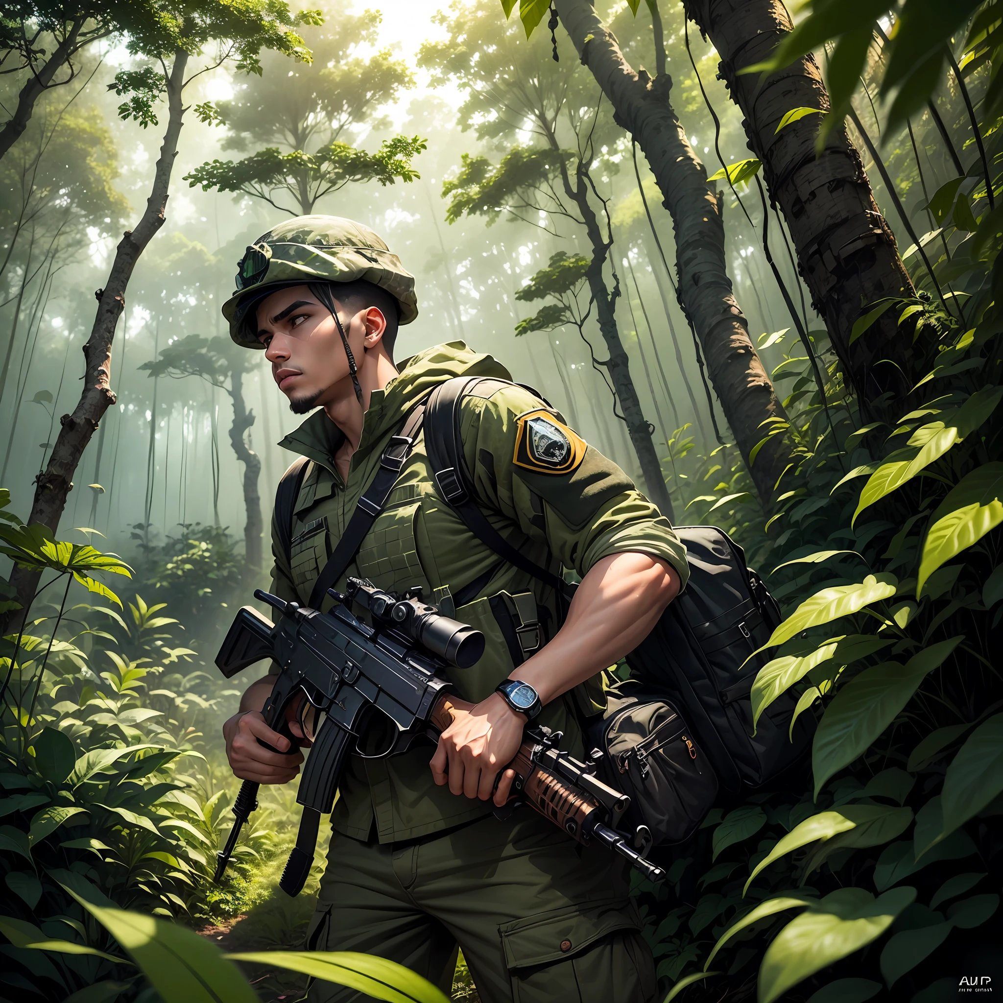 A brave soldier in camouflage uniform stands out among the lush vegetation of the rainforest.  His black skin contrasts with the intense green surrounding him as he holds an AK-47 tightly in his hands.  The soldier looks alert and determined, his eyes focused on a distant point.  His stance shows a combination of strength, confidence and readiness to face any challenge that may arise.  The scenery around him is full of dense trees and vibrant foliage, giving the feeling of an imminent battle in the midst of a natural and wild environment. --auto