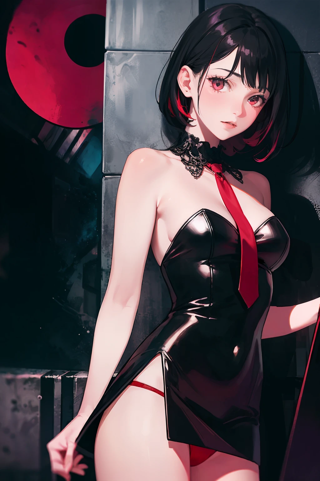 (masterpiece, best quality), 1girl, 16yo, realistic, black dress, red tie, goth, (red panties), ???????, (red electric guitar), standing, vibrant colors, abstract background, lines geometric, night, dark theme, high contrast, deep shadows