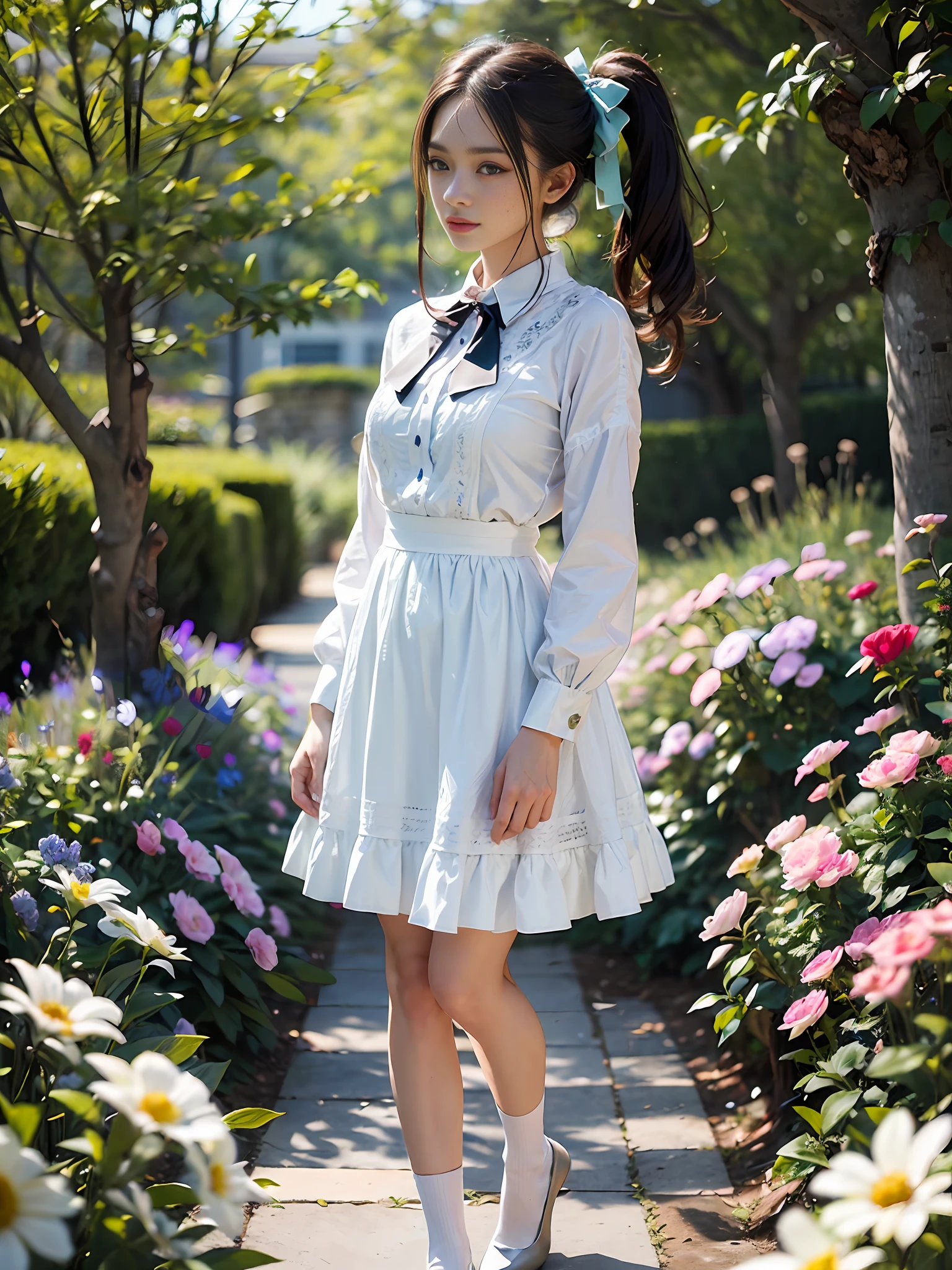 One woman with a faint smile、fullllbody、Silk White Socks、pumps、Standing in front of garden arch with flowers、(Photoreal:1.4)、(hyper realisitic:1.4)、(Realistic:1.3)、(Smooth lighting:1.05)、(Improved cinematic lighting quality:0.9)、(with a shallow depth of field)、1girl in、20 year old adult woman、Bright spring morning natural light、Back lighting、Facial Lights、ray-traced、(brightened light:1.2)、(Quality improvement:1.4)、(Realistic textured skin of the highest quality:1.4)、small tits、fine detailed eyes、detailed faces、a small face、Fine quality eye、Brown eyes、poneyTail、Braiding、Ribbons in the hair、Floral blouse with ruffles、bowtie、Green glass jar with water、The back of the background is white and blurry.