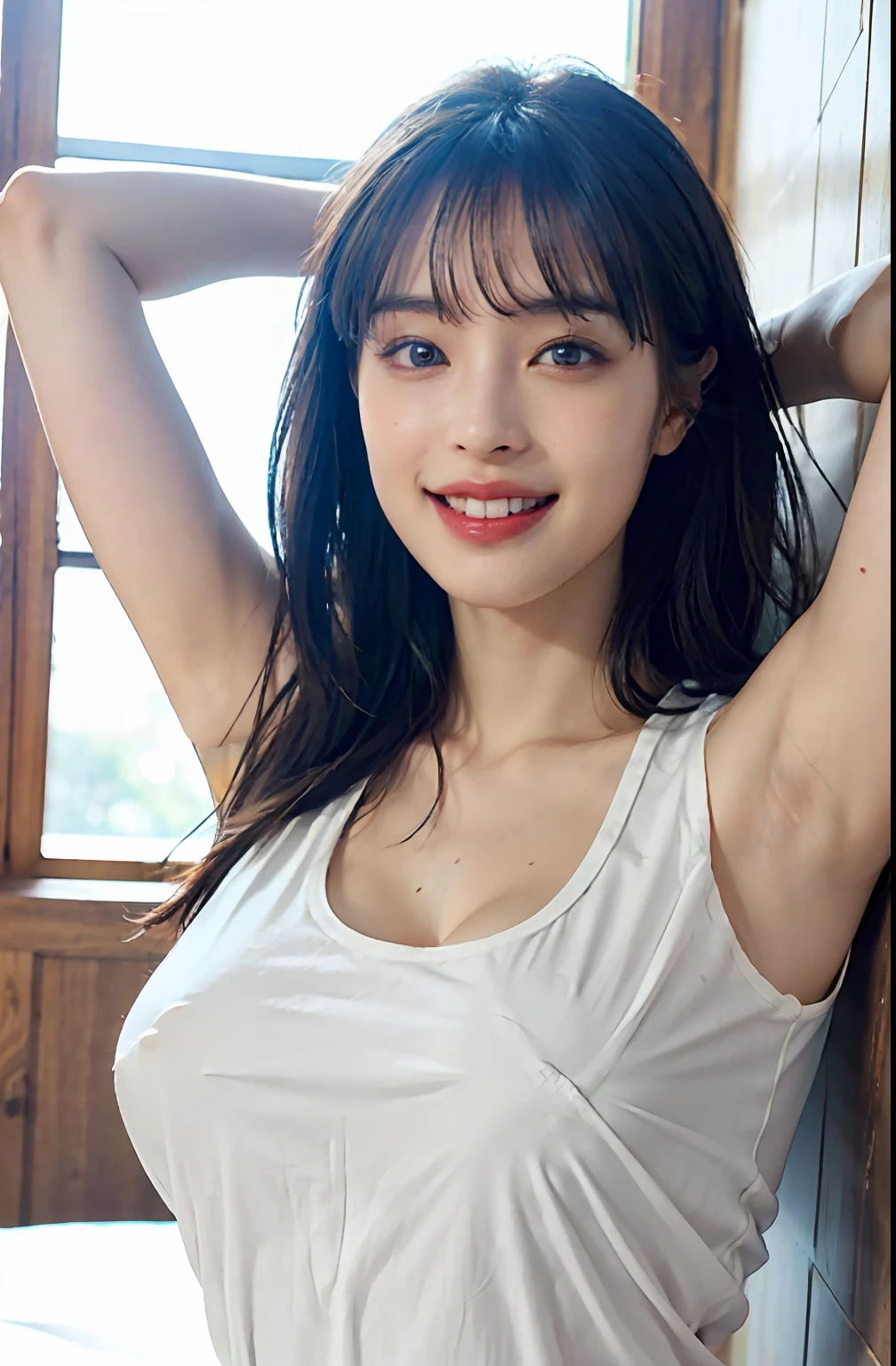 (A hyper-realistic), (illutst), (A high resolution), (8K), (richly detailed), (the best illustration), (beautiful-detailed eyes), (beste-Qualit), (ultra hyper-detailed), (шедевр), (wall-paper), (details face), a bed、Upper body close-up,Armpit, A smile,Plump,独奏,Girl in a tight white tank top with open chest, full of sweat, japanes, big chest out, (camel's toe)、huge-breast、