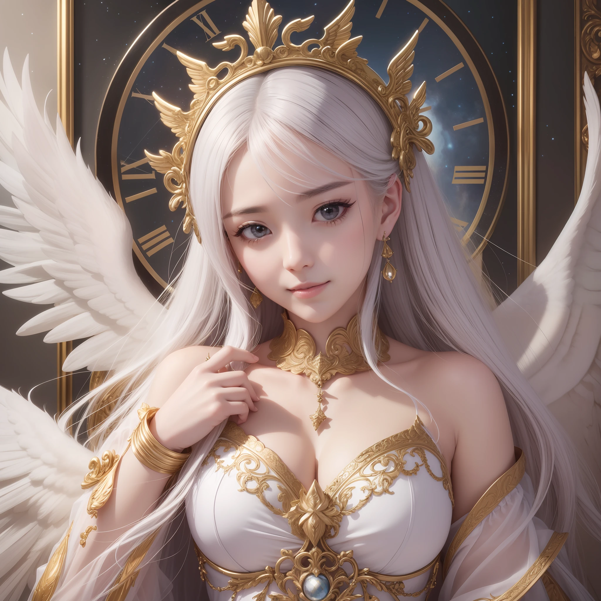 A hyper-realistic、Wings of an Angel、Fair skin、Gentle smile like a virgin、big chest out、Official art、archangel、God of Time、chronos、White and beautiful hair、White dress、starlight sky、Detailed details、ultra res、realphoto、Ornate ornament、deity々Shikai、in 8K、Delicate luster、hiquality、