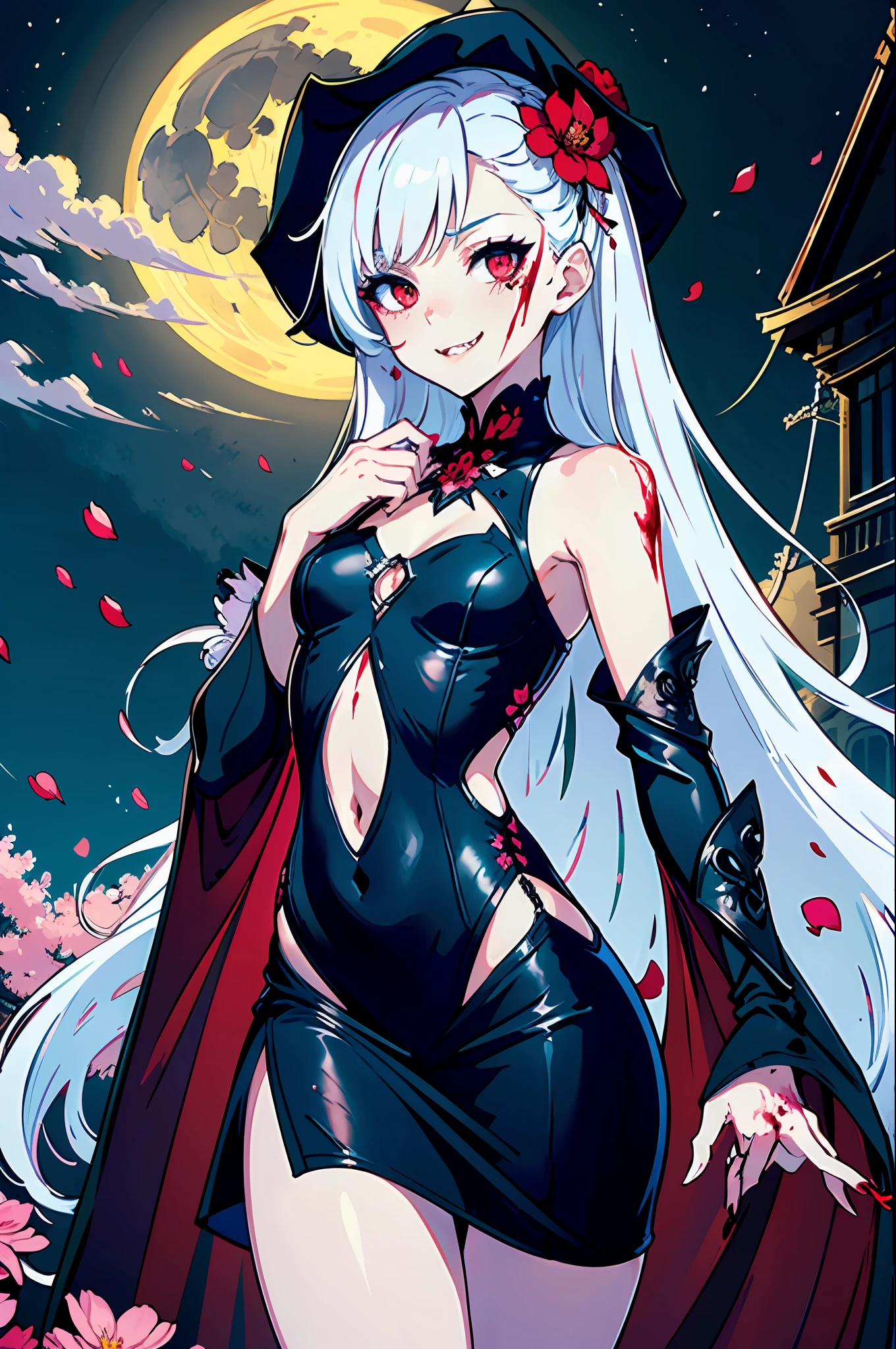masterpiece, best quality,
1girl, (colorful),(finely detailed beautiful eyes and detailed face),cinematic lighting,bust shot,((young, petite, flat chest)),extremely detailed CG unity 8k wallpaper,white hair,red eyes,solo,smug smile,intricate skirt,((revealing outfit, sheer clothing, see-through clothing, cutout clothing, skintight)), ((vampire fangs, blood dripping from mouth, licking fingers)), ((flying petal)),(Flowery meadow)
sky, cloudy_sky, building, moonlight, moon, night, (dark theme:1.3), light, fantasy,