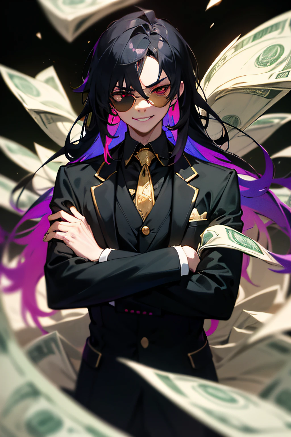 (perfect details, highres, ultra-detailed, illustration:1.2), (colorful:1.2), solo, (beautiful male:1.5), (holding big money:1.5), in night club, neon, night, wearing black suit, Beautiful eyes, slender, (holding big money:1.5),
flyng money, scattered money, money effect , gold coin background, flying money and coin, gold coin of mana, handsome,
red eyes, Black hair, (Eyes showing through sunglasses), upper body, (bad evil:1.2), tsurime, grin, long eyelashes, (long hair), crossed arm, BREAK