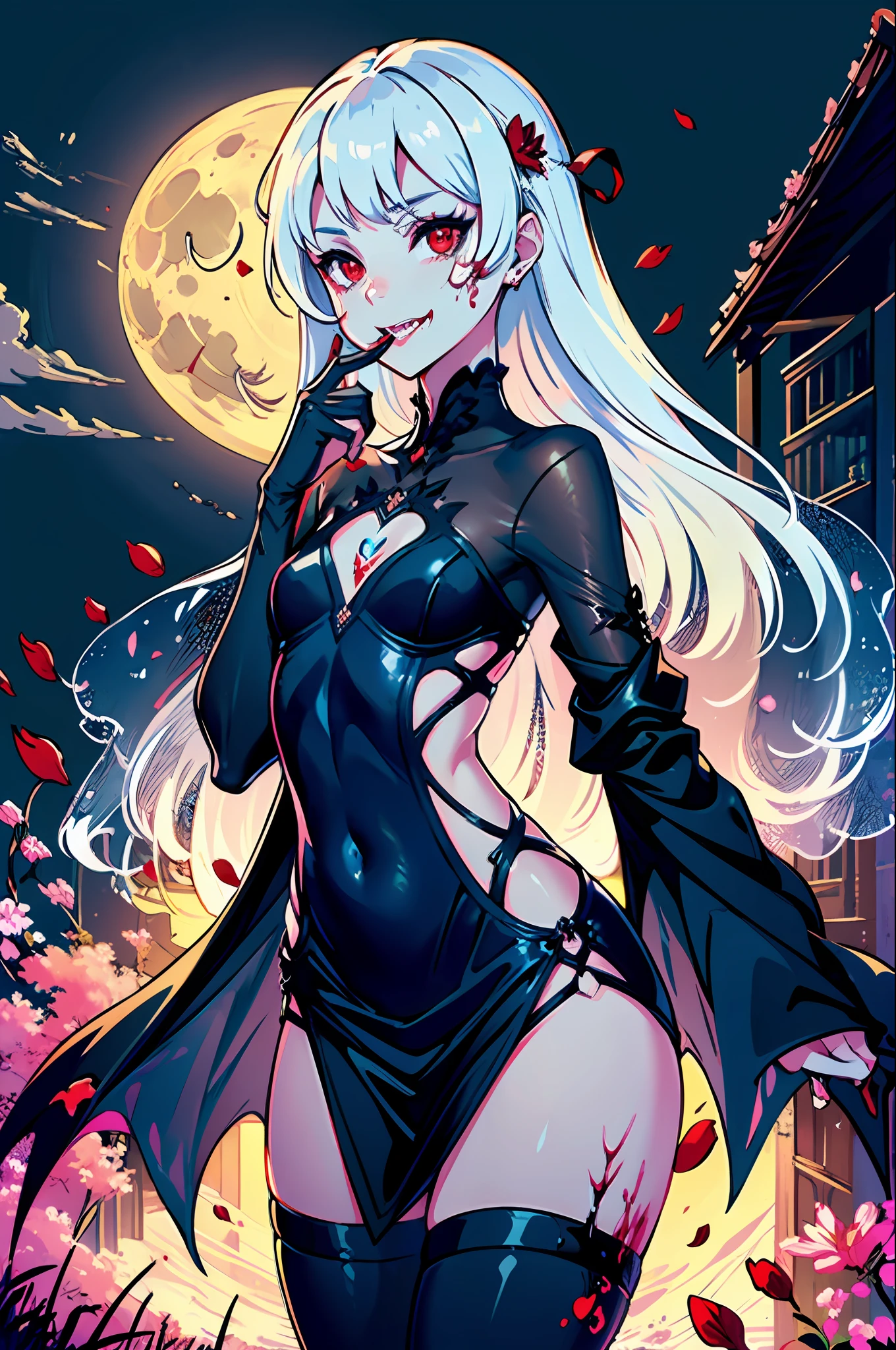 masterpiece, best quality,
1girl, (colorful),(finely detailed beautiful eyes and detailed face),cinematic lighting,bust shot,((young, petite, flat chest)),extremely detailed CG unity 8k wallpaper,white hair,red eyes,solo,smug smile,intricate skirt,((revealing outfit, sheer clothing, see-through clothing, cutout clothing, skintight)), ((vampire fangs, blood dripping from mouth, licking fingers)), ((flying petal)),(Flowery meadow)
sky, cloudy_sky, building, moonlight, moon, night, (dark theme:1.3), light, fantasy,
