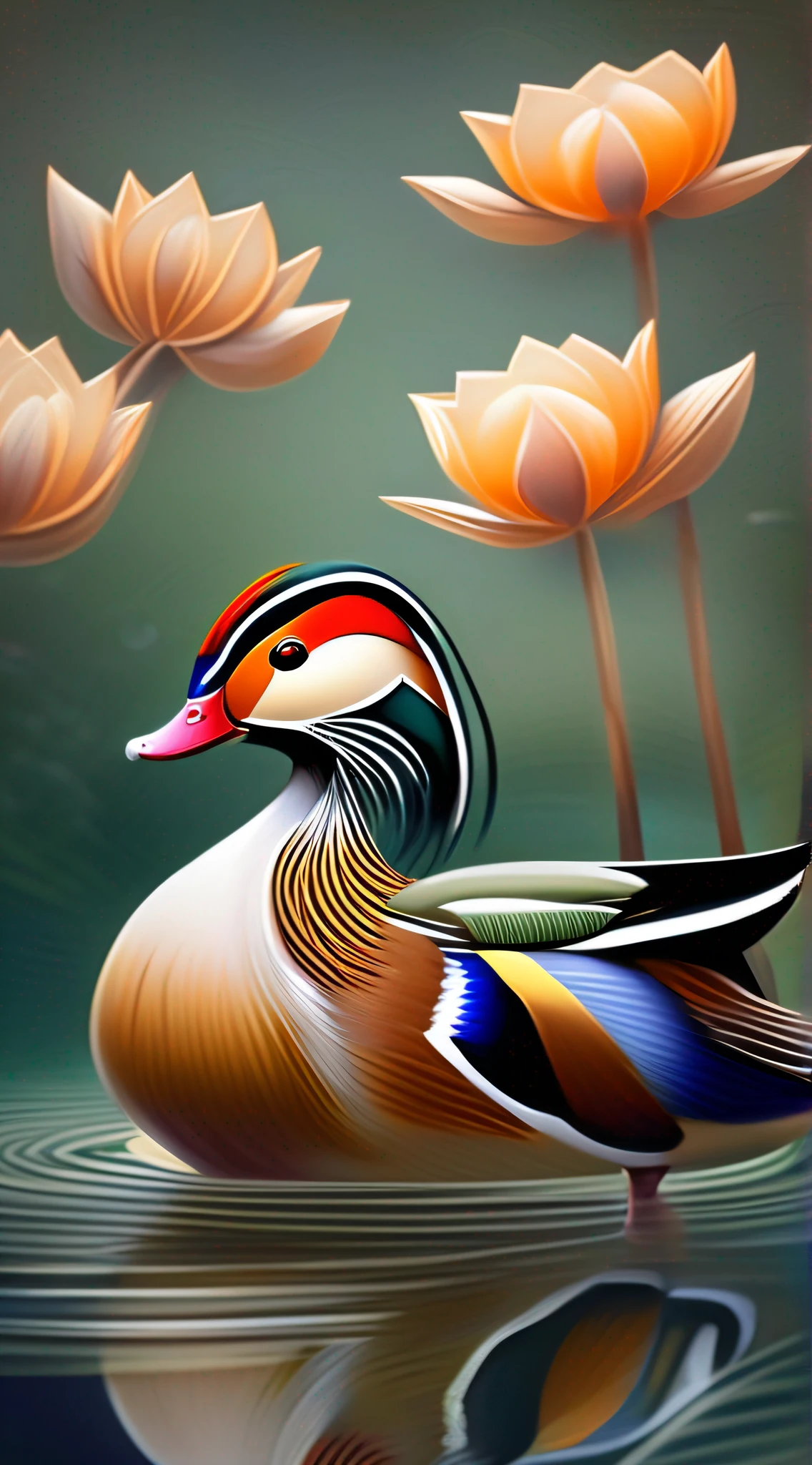 In a fascinating picture，A pair of mandarin ducks in the pond，Mandarin ducks' gorgeous feathers plus lotus flowers around them，Two mandarin ducks face to face，It creates a captivating scene of harmony and otherworldly beauty，（中景 the scene is：1.3），（lotus flower：1.3），（Ripples in the water：1.2），Ultra photo realsisim，Ultra-detailed graphics，masterece-piece，Premium wallpapers，hdr，（真实感，Masterpiece quality，Best Quority）