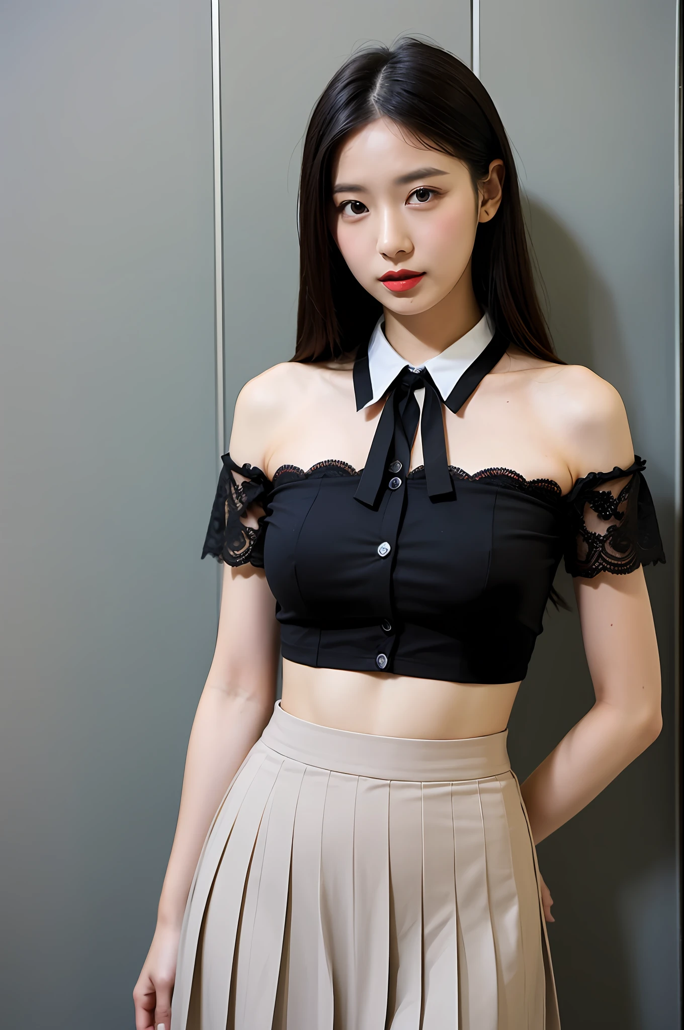 (Highly detailed body,Highly detailed face,the best quality:1.2) ,a woman with,Look at viewers,(Black bandeau,a black pleated skirt,Black lace collar)(Big breasted 1.2),(cubicle:1.4)
