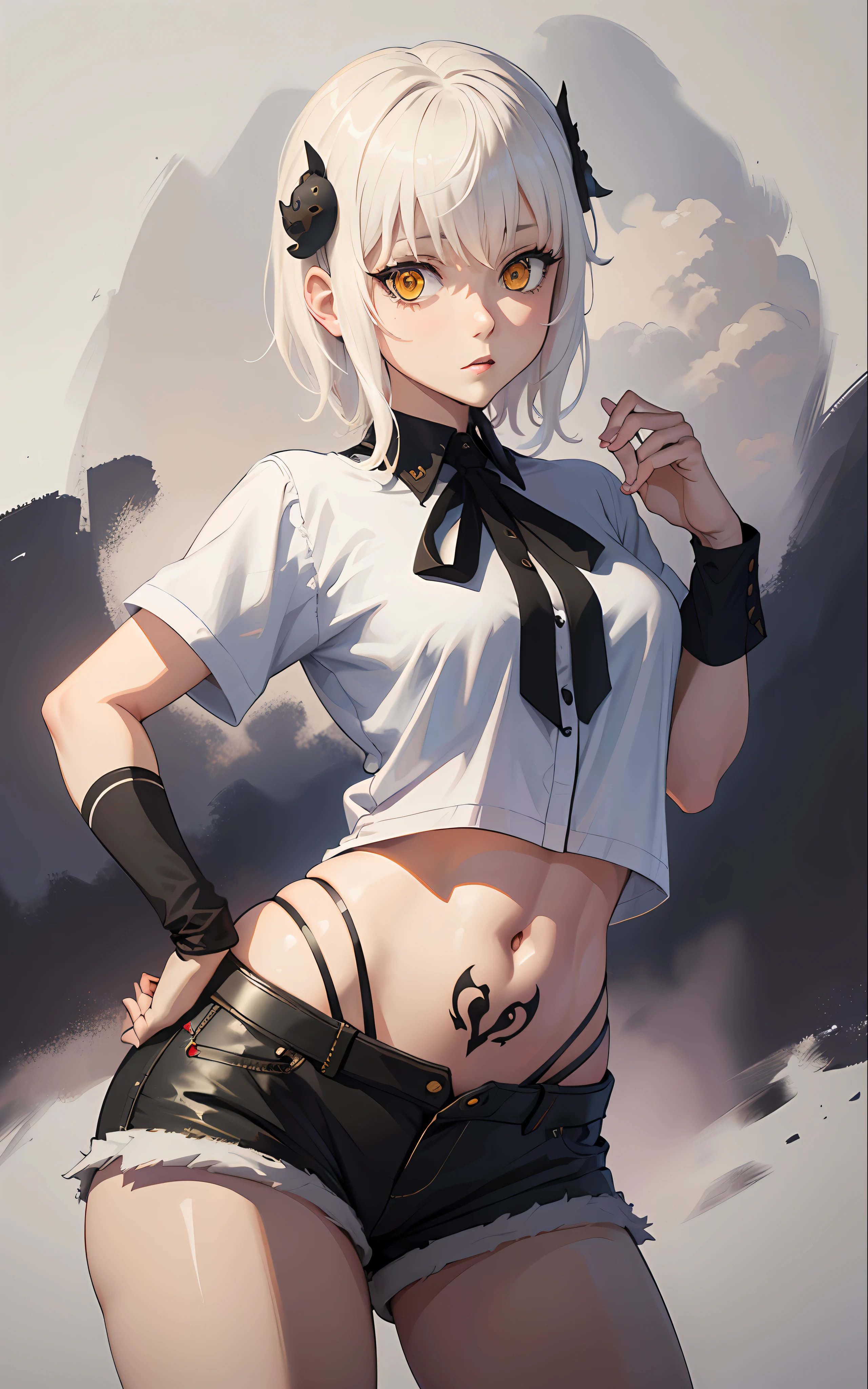 Masterpiece, Short Shorts, Masterpiece, Best Quality, Highres, Dark Persona, Watercolor Painting Theme, (Looking at the Viewer: 1.1), Wide Hips, Big Ass, Standing, Bending Over, Tojou Koneko, Yellow Eyes, White Hair, Short Hair, Hair Ornament, White Shirt, Black Neck Ribbon, Belly Tattoo