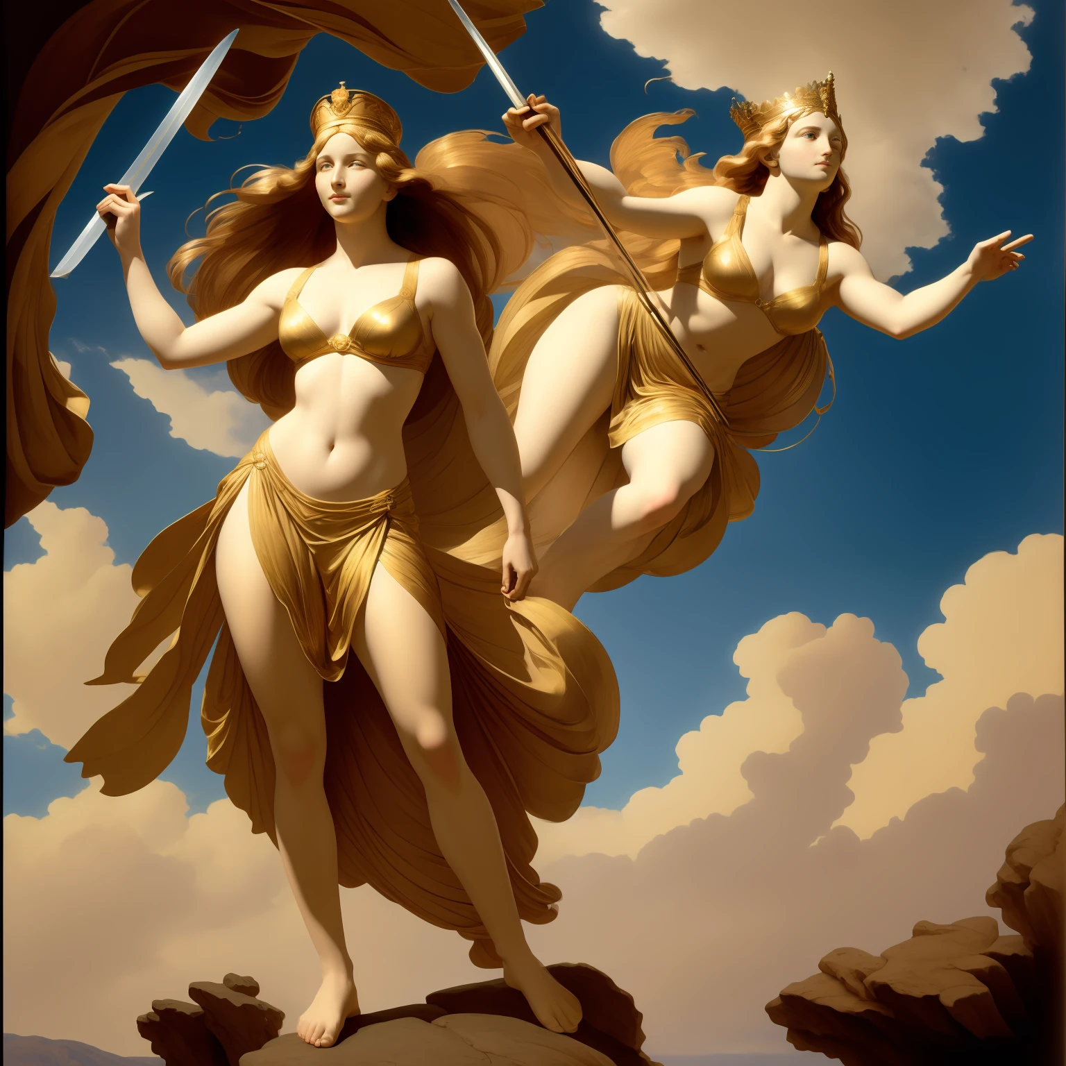 a masterpiece of，Super-High Resolution，The beauty stood on the mountain rock, swinging her sword vigorously and slashing at the enemy，Not wearing a crown，old greek goddess，Goddess of battle，body art，The wind blows the clothes and floats，The background is sky and clouds, Thomas Blackhill,greek goddess athena, j c leyendecker 8 k, Alphonse Mucha's, God Venus,