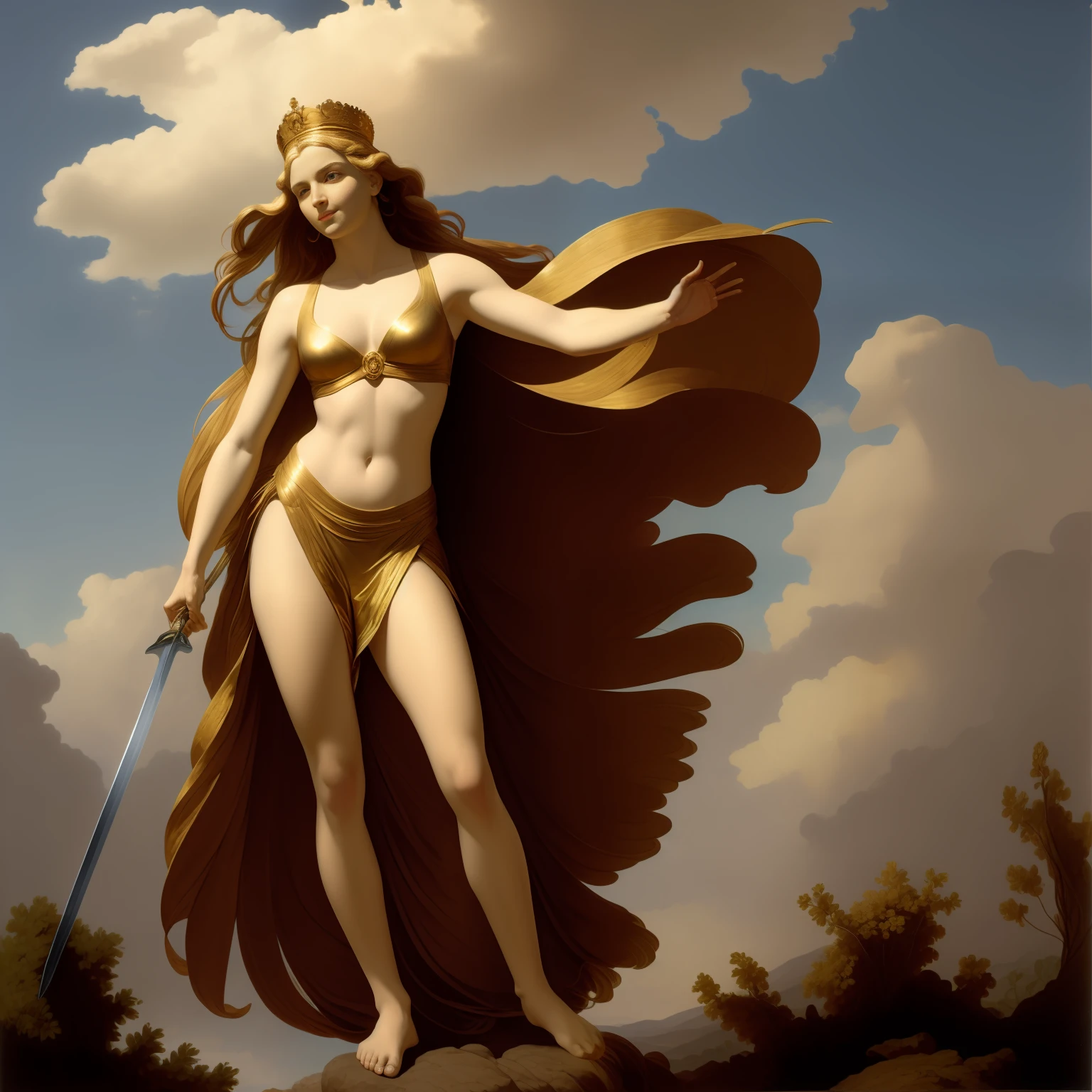 a masterpiece of，Super-High Resolution，The beauty stood on the mountain rock, swinging her sword vigorously and slashing at the enemy，Not wearing a crown，old greek goddess，Goddess of battle，body art，The wind blows the clothes and floats，The background is sky and clouds, Thomas Blackhill,greek goddess athena, j c leyendecker 8 k, Alphonse Mucha's, God Venus,