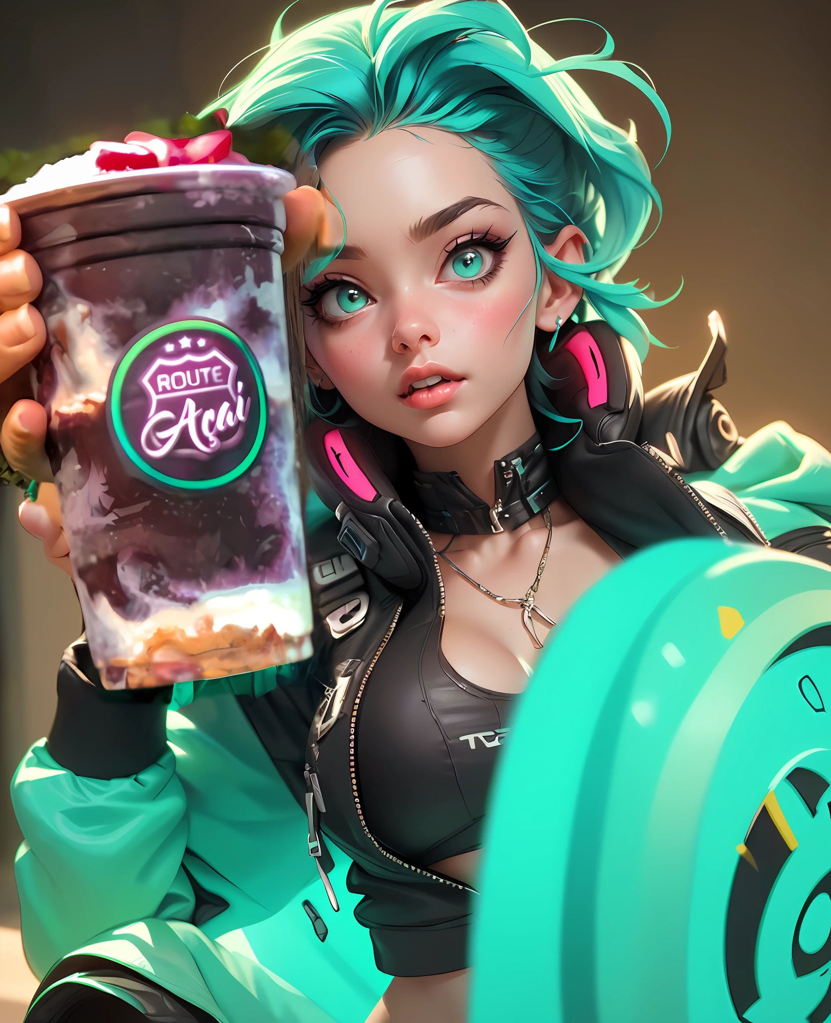 ((Best Quality)), ((Masterpiece)), ((Realistic)) and ultra-detailed photography of a 1nerdy girl with goth and neon colors. She has ((turquoise hair)), wears a (tech-wear top) and a (black thong, red pattern:1.2) , ((beautiful and aesthetic)), sexy, under-boobs, hot
