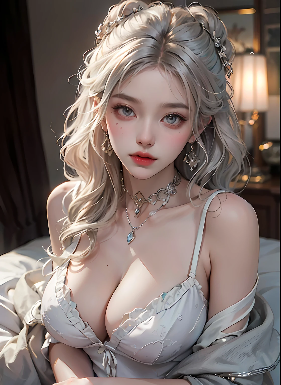 1 girl, cleavage, high detail eyes, lips, short wave white hair, photo_\(medium\), black lure nightdress, realistic, sleeping, very huge breast, solo, thighs slightly open, stuffed animals, stuffed animals, teddy bears, underwear,(masterpiece),(photoreal: 1.3), nfsw, ultra detailed, (high detail skin: 1.2), (top quality: 1.0), (ultra high definition: 1.0), light on face, official lady, earing, necklace, flowers on hair, korean idol, shy, shy look, lingerie, pantyhose