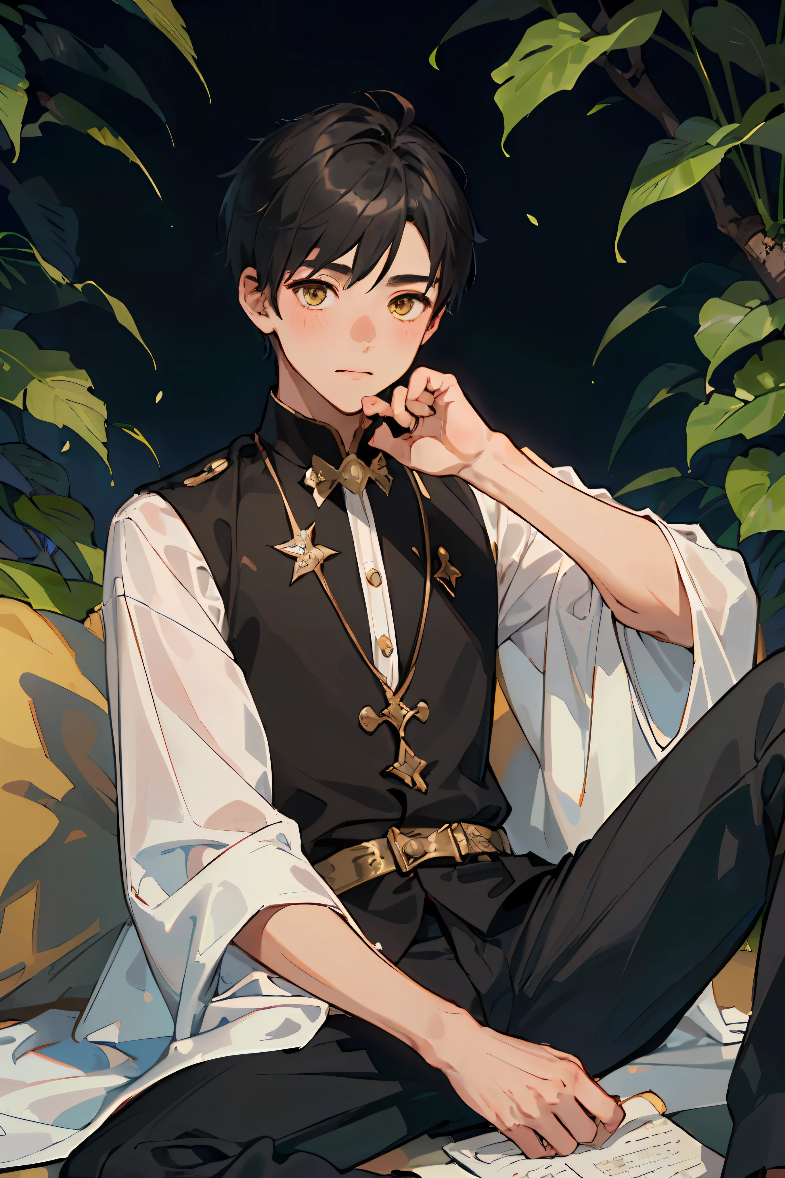 (AS-Young:1.7), (1boy:1.8), (male focus:1.2), (cute:1.7) solo, solo focus, masterpiece, ((exquisite_detail)), illustration, (handsome), extremely_detailed_CG, gold eyes, black, blush, golden robe, merchant, leaf, looking at viewer, sitting down, (spread legs:0.9), (barefoot:0.9), cute boy