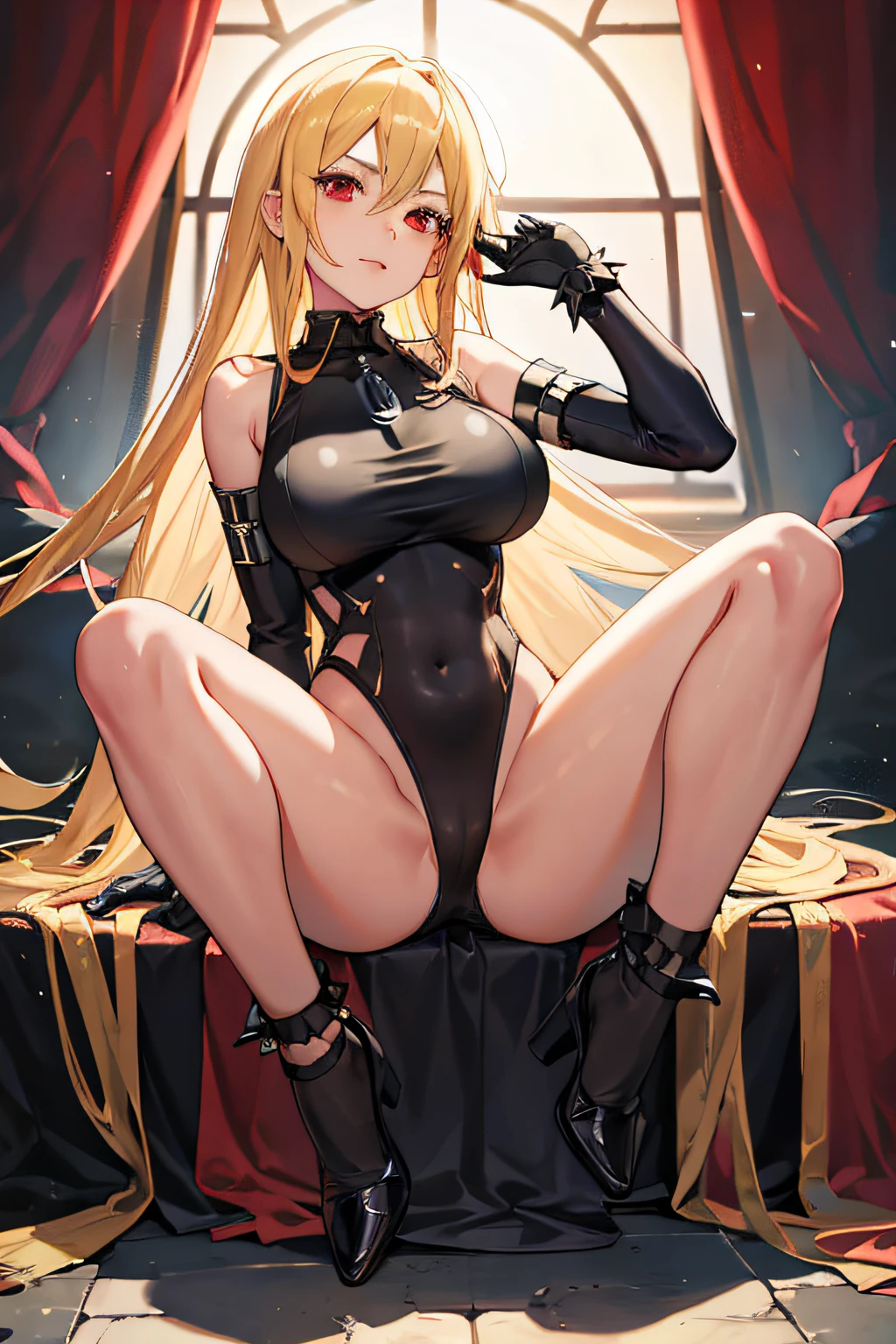 巨作, Best quality, 1girl huge large breasts, Loli, Blonde hair, Red eyes, medieval, navel, Wide hips, high leotard, Bare legs, open one's legs, Seated,