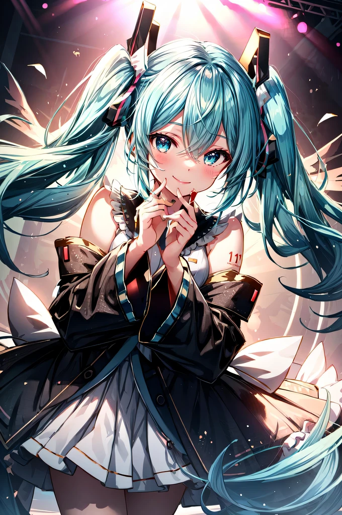masterpiece, best quality, ultra-detailed, illustration, an extremely delicate and beautiful, five fingers,
1girl, solo, light smile,
Hatsune Miku,twintails,live stage, Particles of Light,
