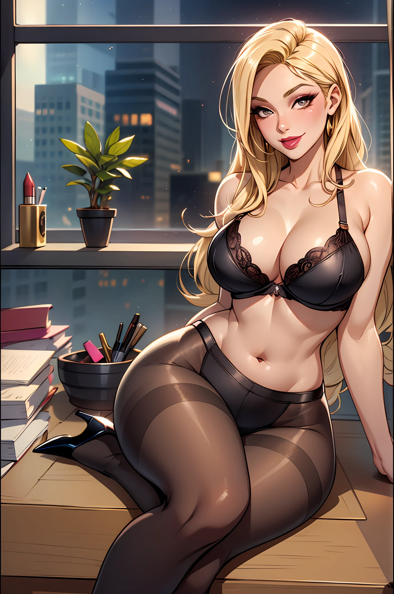 beautiful business woman, long blonde hair, lipstick, eyeshadow, makeup, no shirt, black bra, pantyhhigh heels, curvy, smiling, seductive, laying on a desk, two tone lighting, dynamic lighting