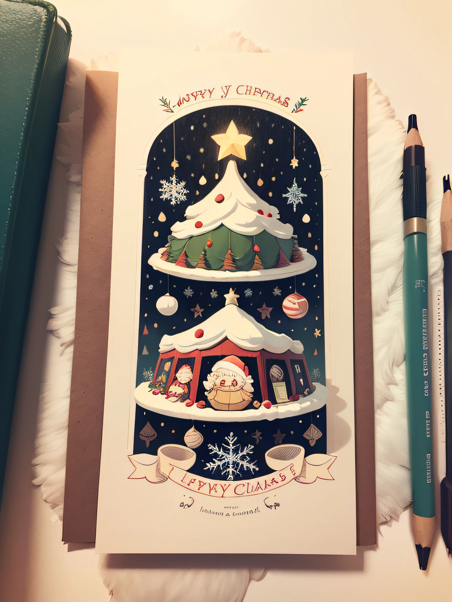 vintage illustrated Christmas card, image centered inside wide border around all four sides, vertical rectangle, drawn vertically, in the style of Kate Greenaway!, extra highly detailed drawing, flat!, vector art!--no shadows, illustration! --auto