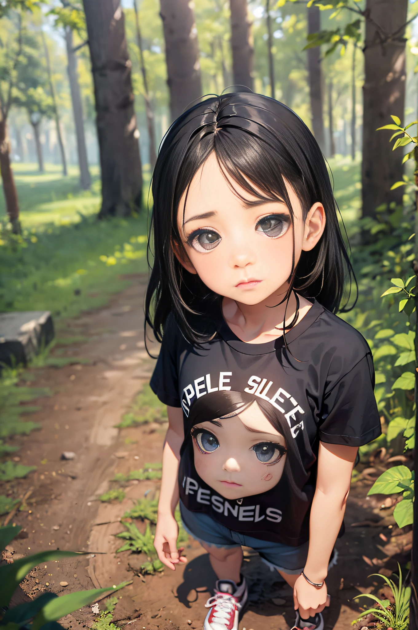 uma menina chamada Anne de 8 anos de idade, corpo inteiro, pele branca, olhos pretos, fleshy lips, cabelo preto liso na altura dos ombros, small hands, olhos grandes e castanhos, picking up small stones from the ground in a forest, usando coton shorts preto e camiseta preta sem desenho nesta camiseta, sem imagem tenis preto, Absurdo, melhor qualidade, somente, lateralmente, The illustration is of an 8-year-old girl ((perfil lateral)) Standing looking up with a very sad face, chorando, ela usa shorts preto, black T-shirt and black sneakers.