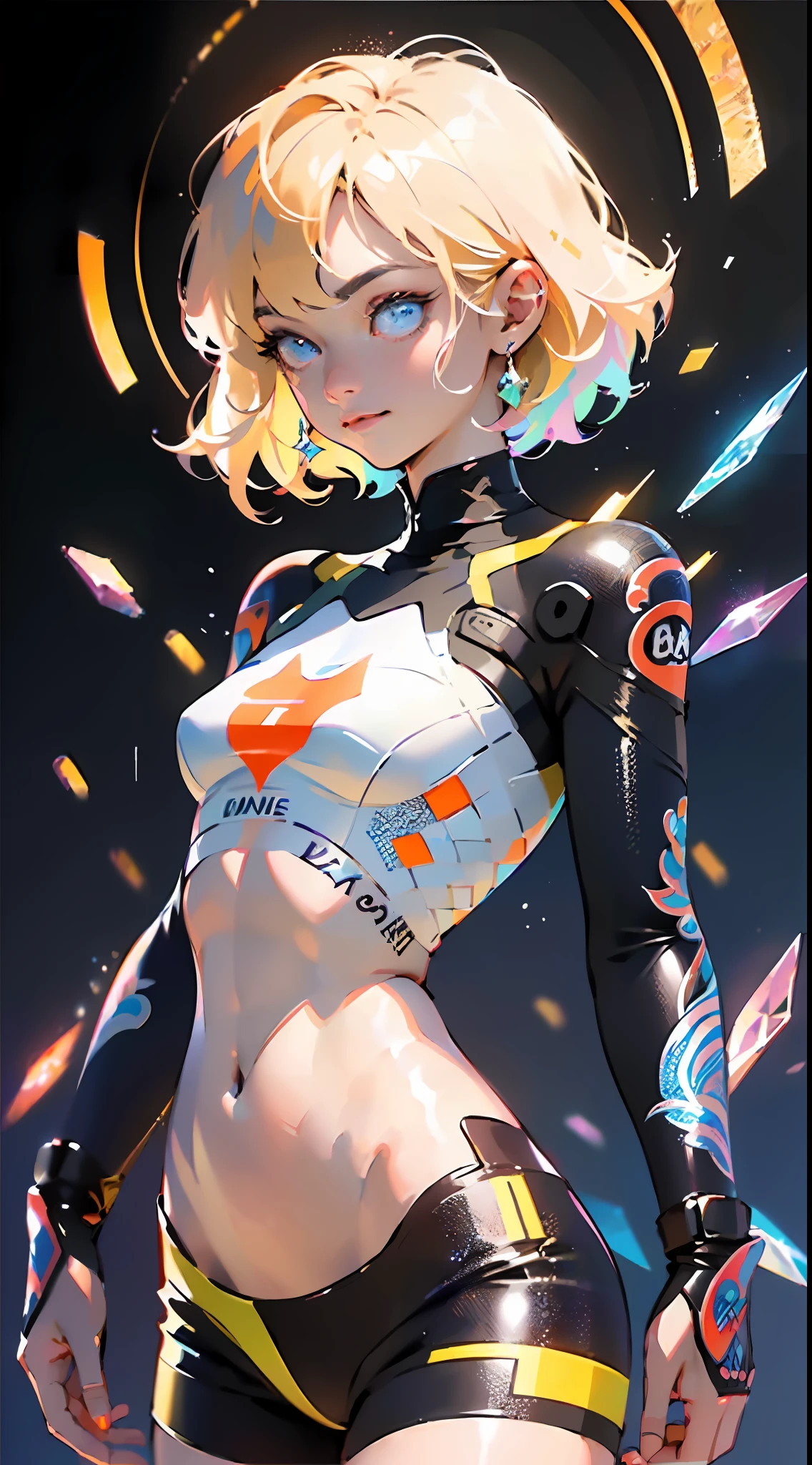 Realistic, (Masterpiece, Top Quality, Best Quality, Official Art, Beauty and Aesthetics: 1.2), Very Detailed, Fractal Art, Colorful, Most Detailed, Zentangle, (Abstract Background: 1.5) (1girl), God, Blonde Hair, Short Hair, (Glowing Blue Eyes), Pectals, Abs, Mysterious, (Magic), Crystal
