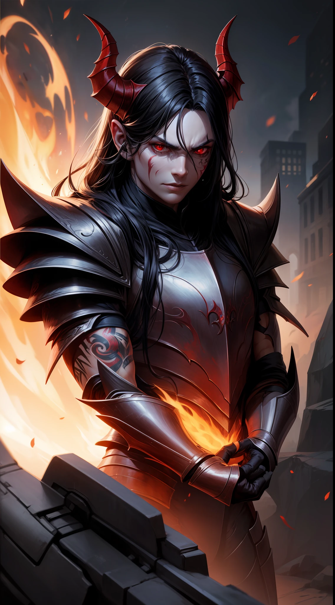 Young guy, Long black hair, red eyes, red tattoo on face, demon armor, daedric armor, Rage, Masterpiece, highly quality