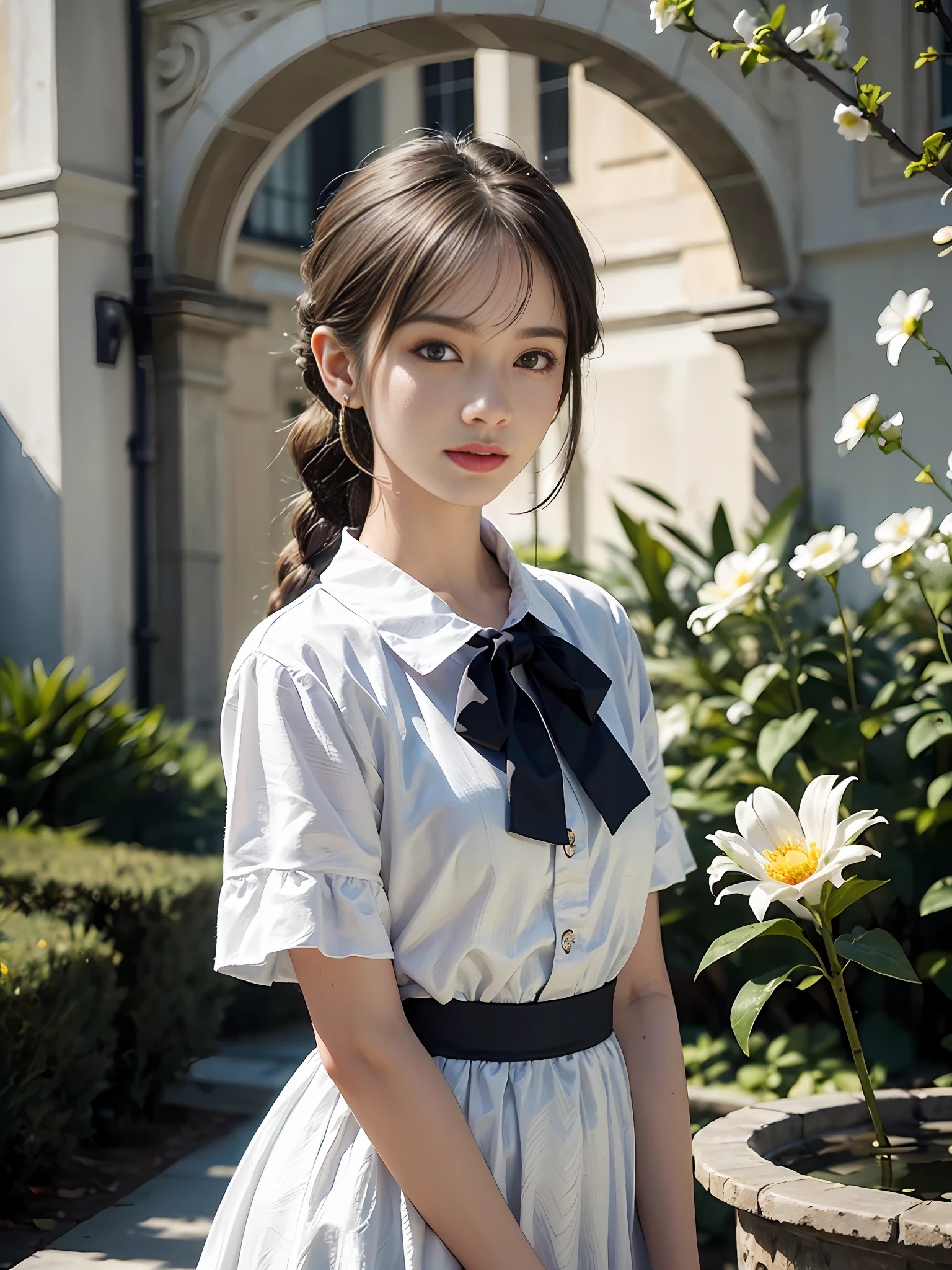 One woman with a faint smile、fullllbody、Silk White Socks、pumps、Standing in front of garden arch with flowers、(Photoreal:1.4)、(hyper realisitic:1.4)、(Realistic:1.3)、(Smooth lighting:1.05)、(Improved cinematic lighting quality:0.9)、(with a shallow depth of field)、1girl in、20 year old adult woman、Bright spring morning natural light、Back lighting、Facial Lights、ray-traced、(brightened light:1.2)、(Quality improvement:1.4)、(Realistic textured skin of the highest quality:1.4)、small tits、fine detailed eyes、detailed faces、a small face、Fine quality eye、Brown eyes、poneyTail、Braiding、Ribbons in the hair、Floral blouse with ruffles、bowtie、Green glass jar with water、The back of the background is white and blurry.