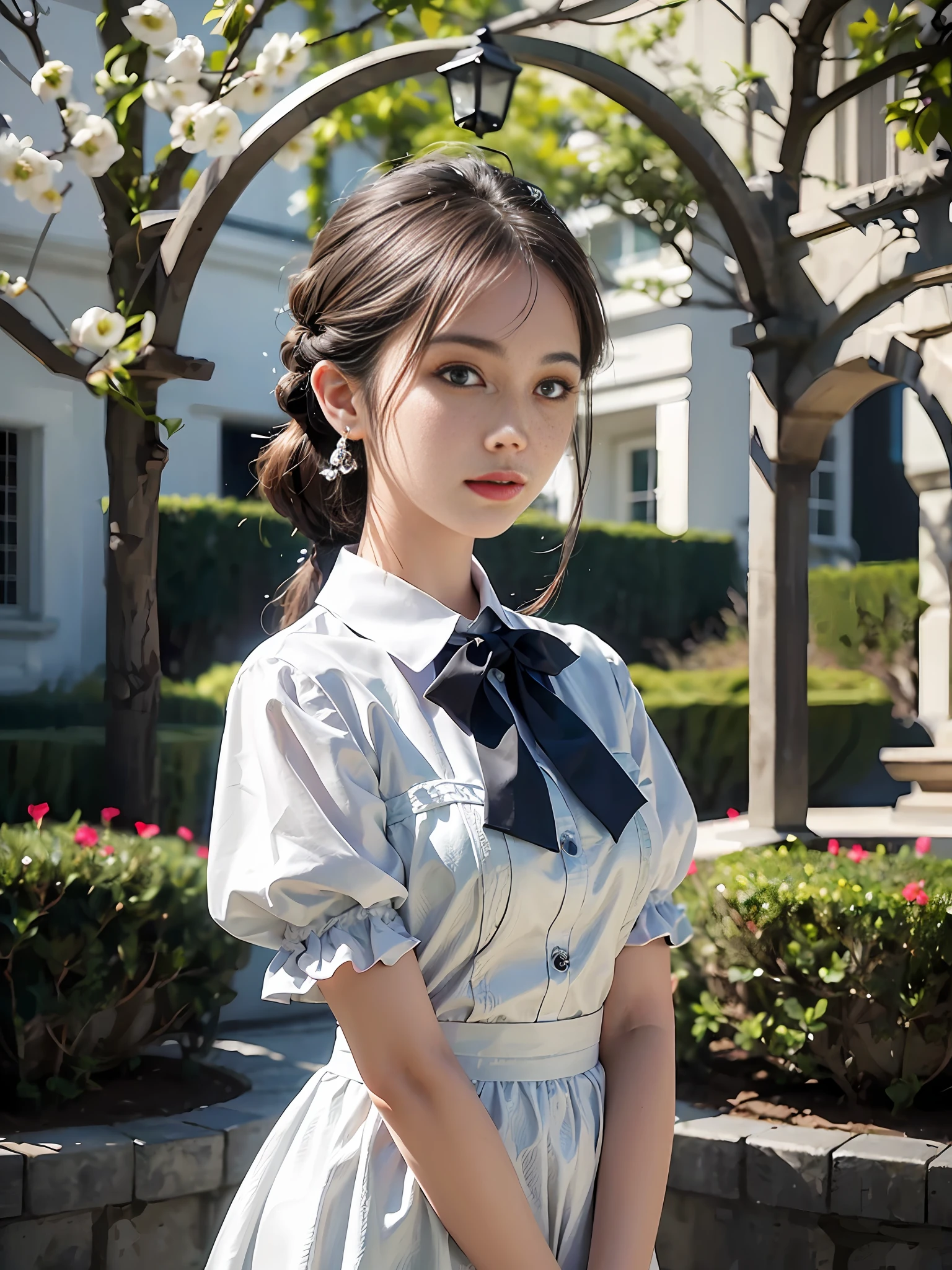 One woman with a faint smile、fullllbody、Silk White Socks、pumps、Standing in front of garden arch with flowers、(Photoreal:1.4)、(hyper realisitic:1.4)、(Realistic:1.3)、(Smooth lighting:1.05)、(Improved cinematic lighting quality:0.9)、(with a shallow depth of field)、1girl in、20 year old adult woman、Bright spring morning natural light、Back lighting、Facial Lights、ray-traced、(brightened light:1.2)、(Quality improvement:1.4)、(Realistic textured skin of the highest quality:1.4)、small tits、fine detailed eyes、detailed faces、a small face、Fine quality eye、Brown eyes、poneyTail、Braiding、Ribbons in the hair、Floral blouse with ruffles、bowtie、Green glass jar with water、The back of the background is white and blurry.