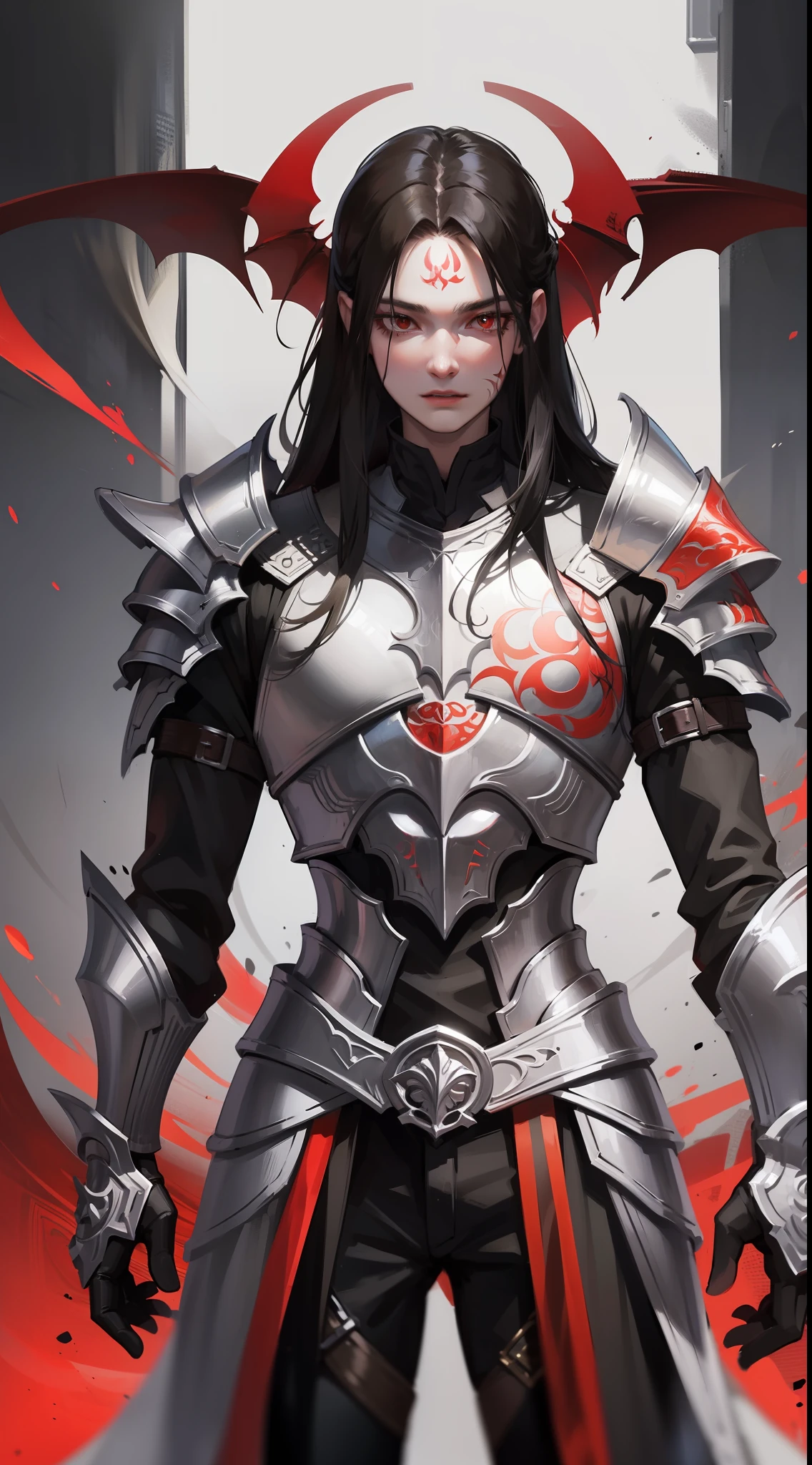 Young guy, Long black hair, red eyes, red tattoo on face, demon armor, daedric armor, Rage, Masterpiece, highly quality