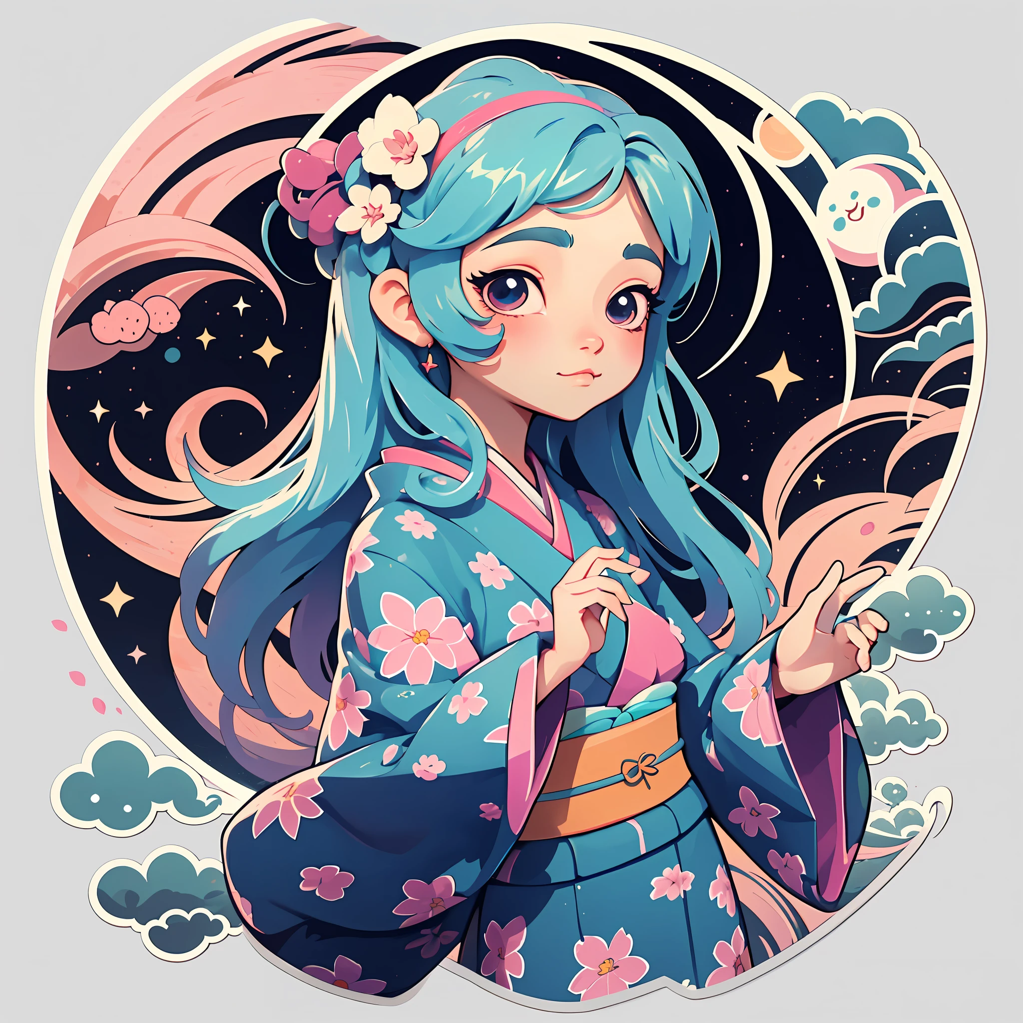 1 sticker, sticker, nikkaze, (cute girl), (gorgeous kimono), (gorgeous hair accessory), (Japanese traditional hairstyle), cherry blossoms, clouds, behind is a huge round moon, stars, white background, no background, simple background, minimal, cute, tiny, pastel color, vector style, no gradient,solo